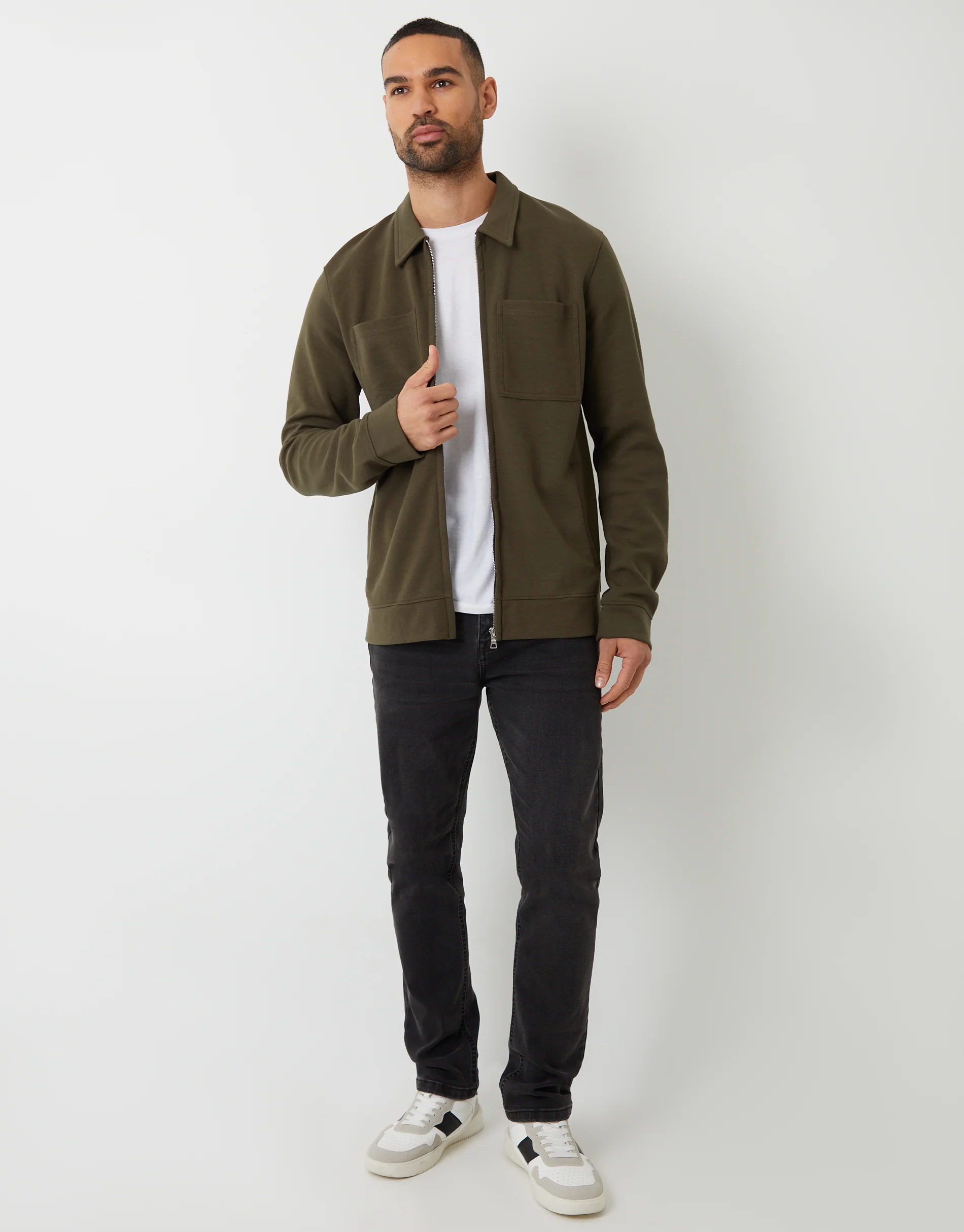 Pique Zip Through Shacket in Khaki Green - Image 3