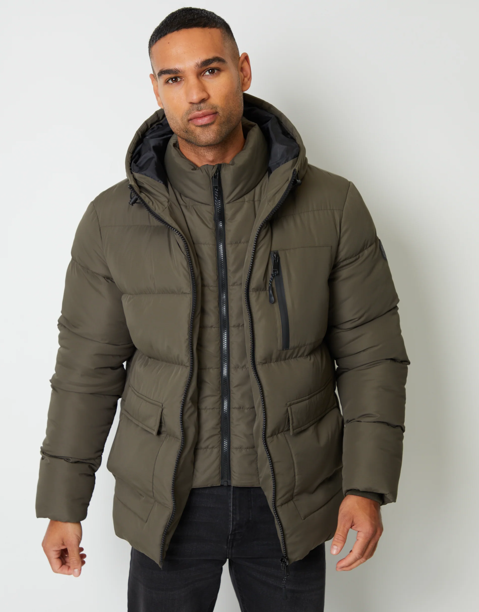 Showerproof Double Layer Puffer Jacket in Khaki Green - Image 4