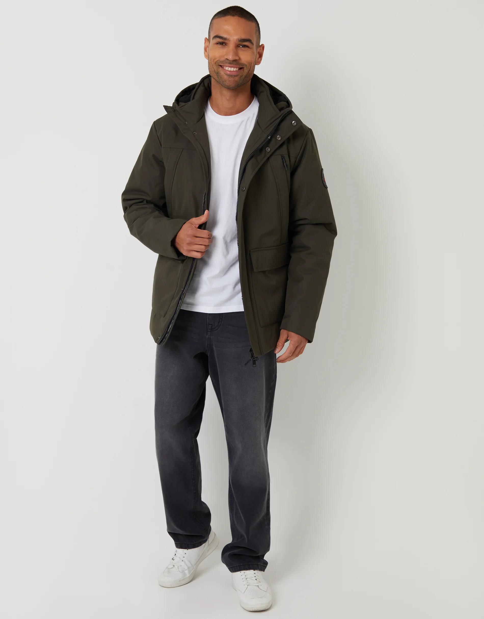 Showerproof Longline Hooded Padded Jacket in Khaki Green - Image 3