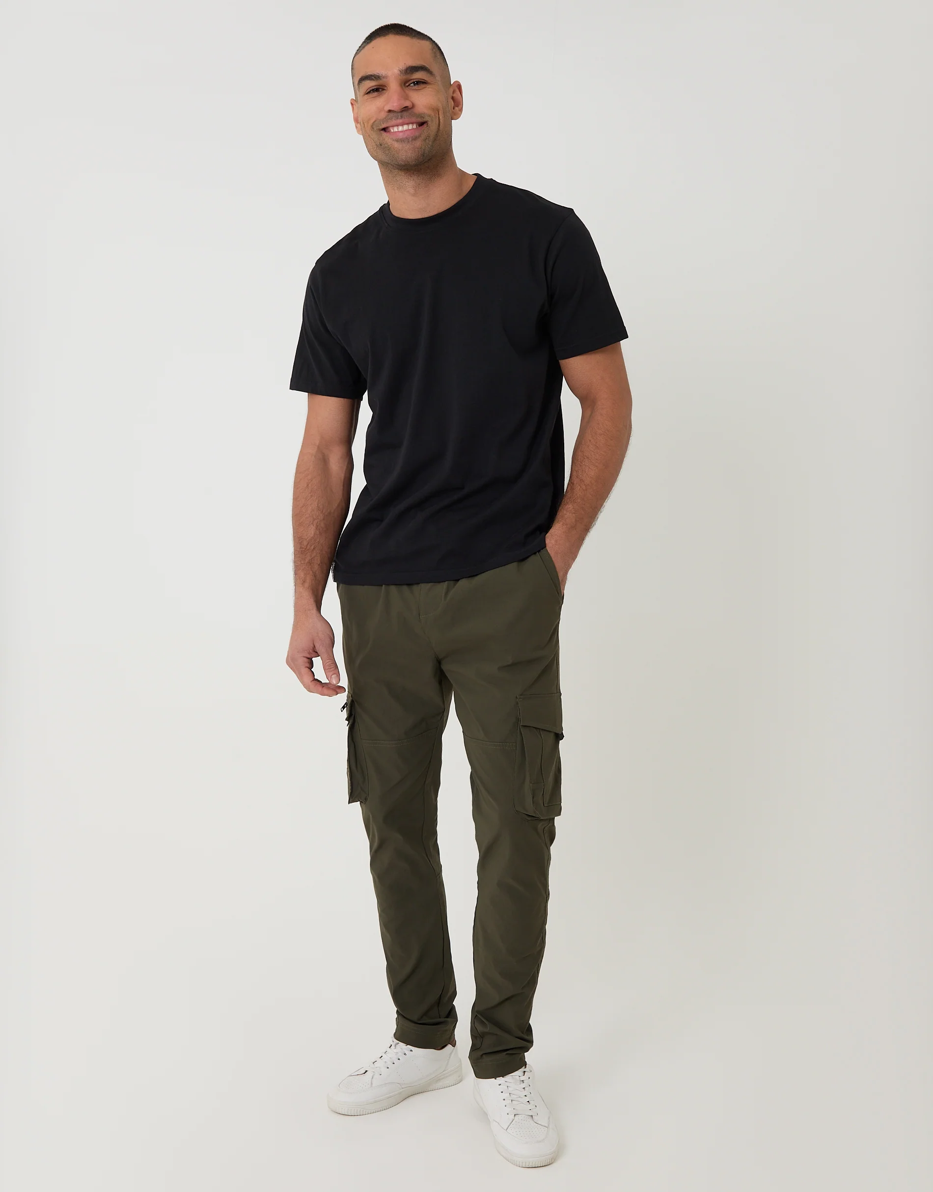 Slim Fit Stretch Cargo Trousers in Khaki Green