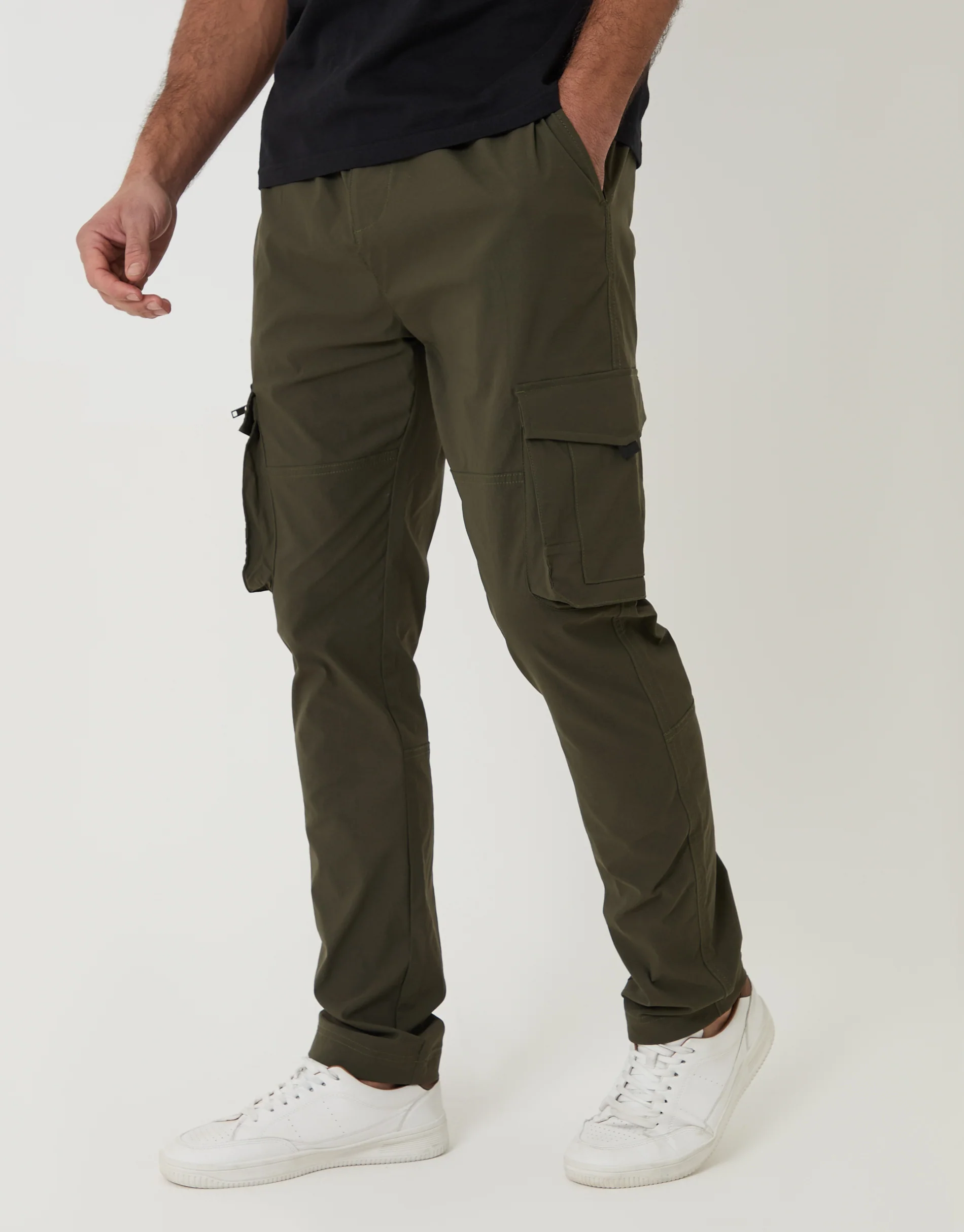 Slim Fit Stretch Cargo Trousers in Khaki Green - Image 2