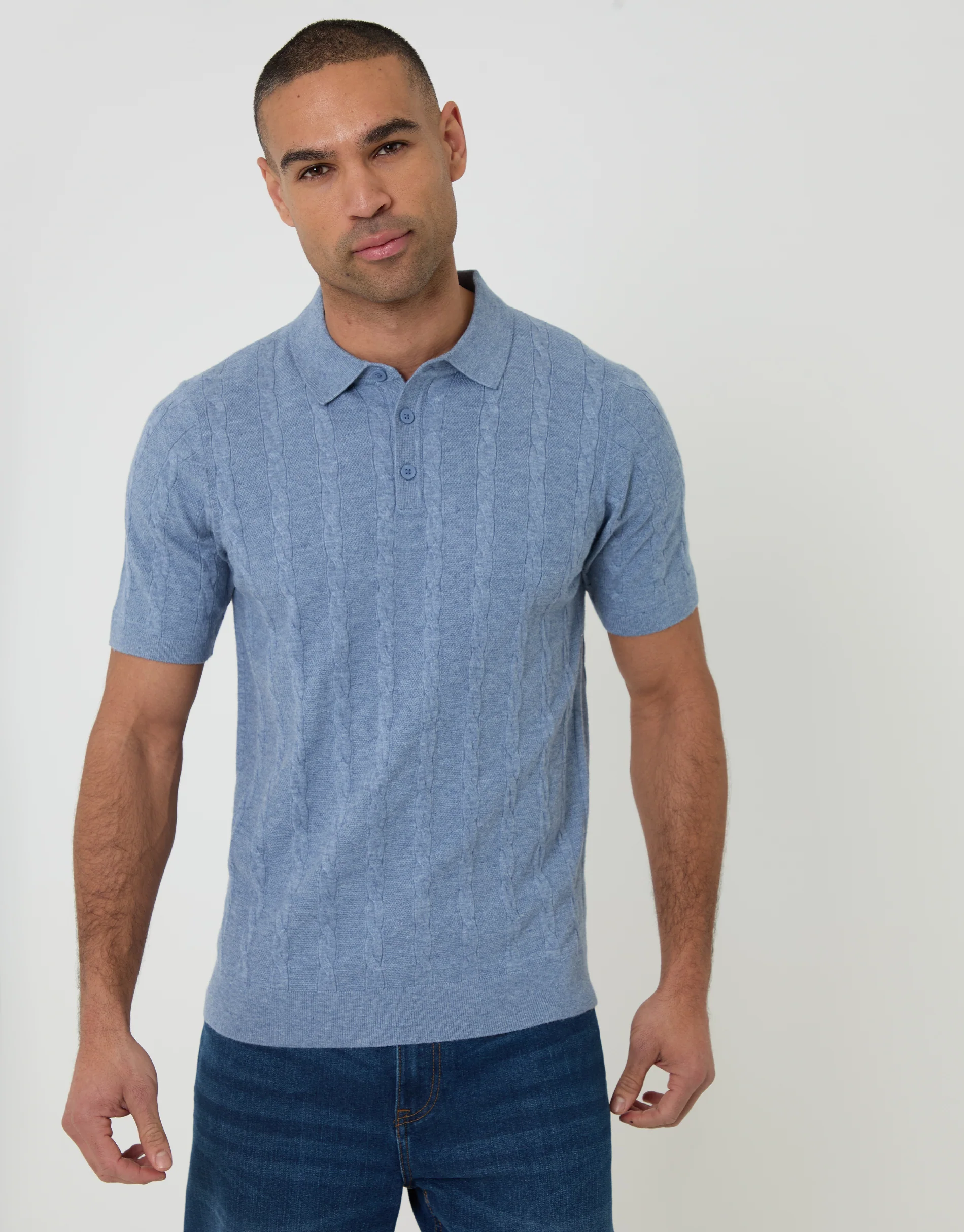 Cable Stripe Knitted Button Polo in Light Blue