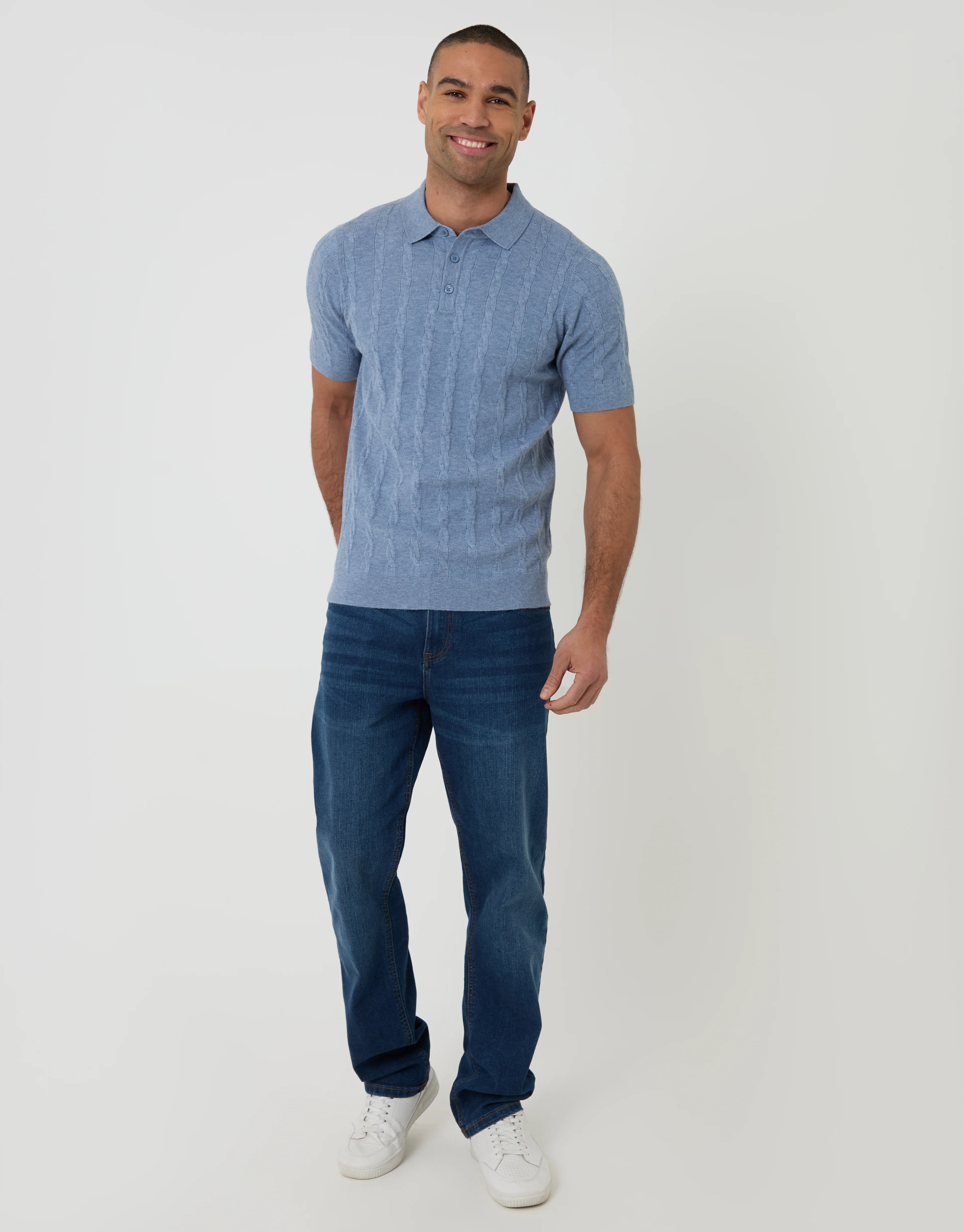 Cable Stripe Knitted Button Polo in Light Blue - Image 3