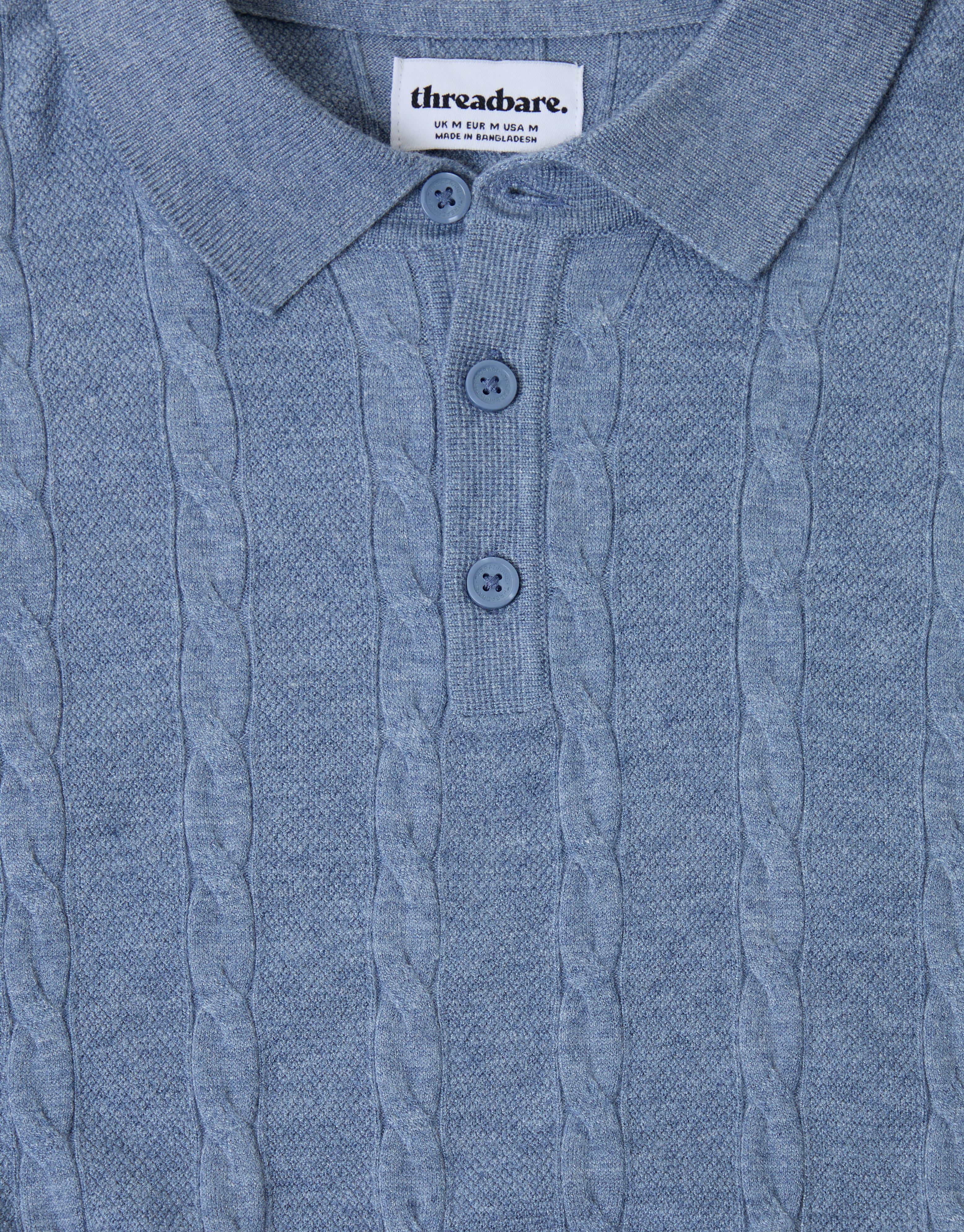 Cable Stripe Knitted Button Polo in Light Blue - Image 5