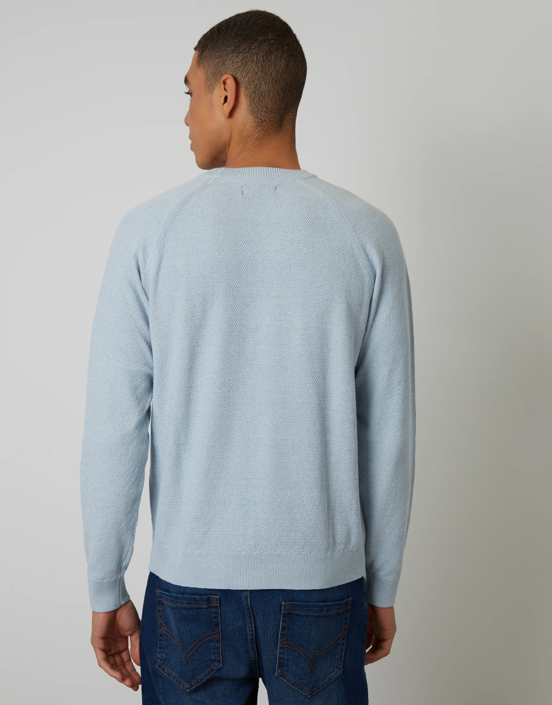 Raglan Knitted Crew Neck Jumper in Light Blue Marl - Image 2