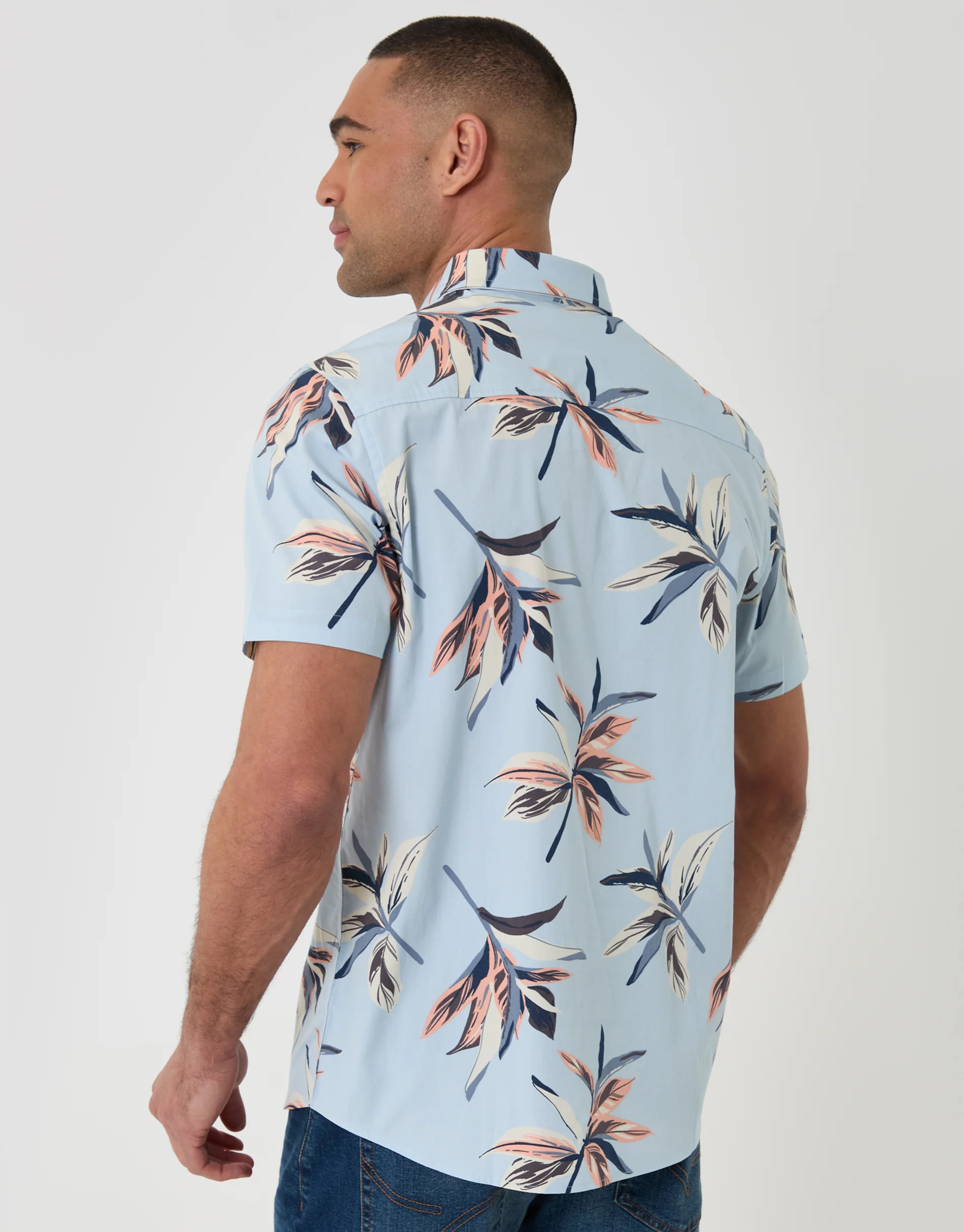 Tropical Leaf Print Cotton Short Sleeve Shirt in Light Blue - Image 3