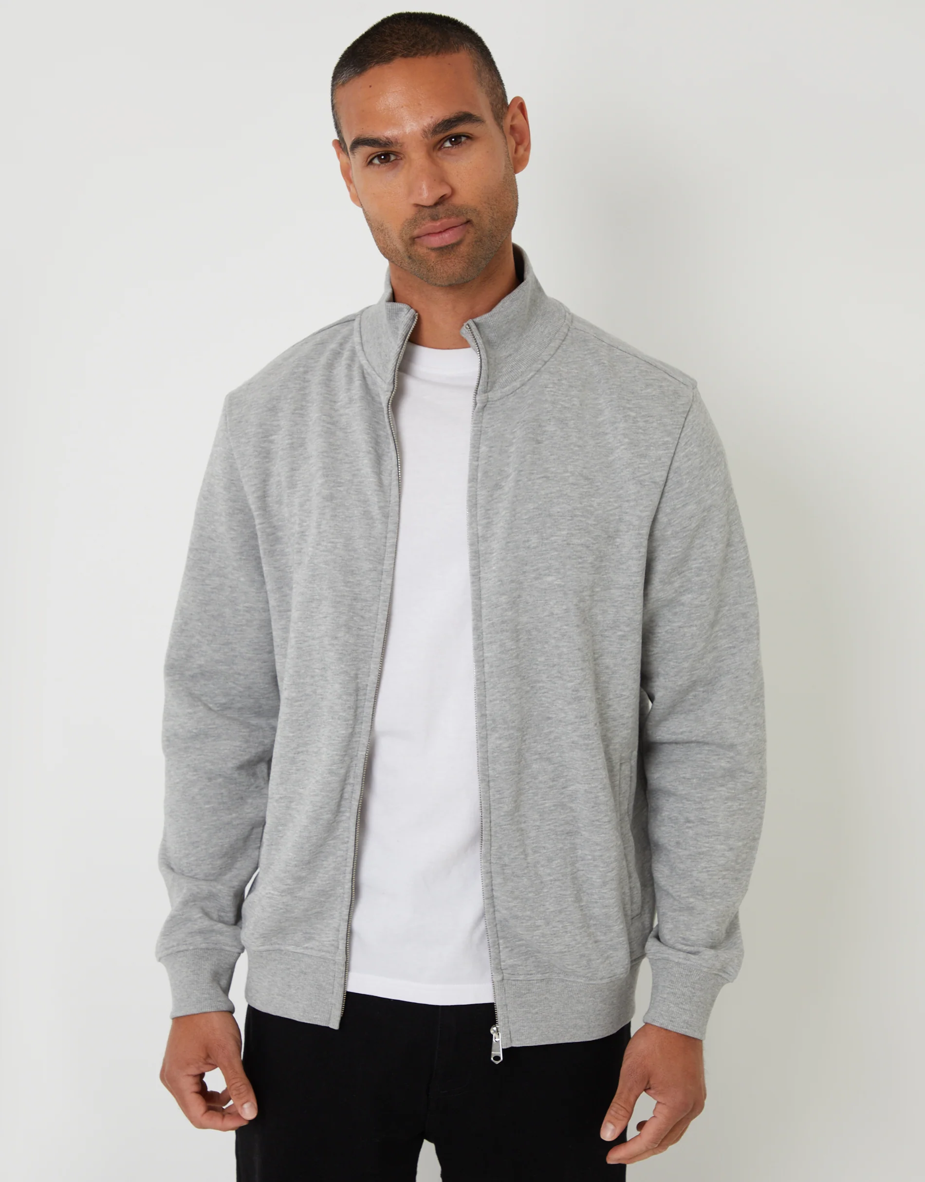 Funnel Neck Zip Through Sweatshirt in Light Grey
