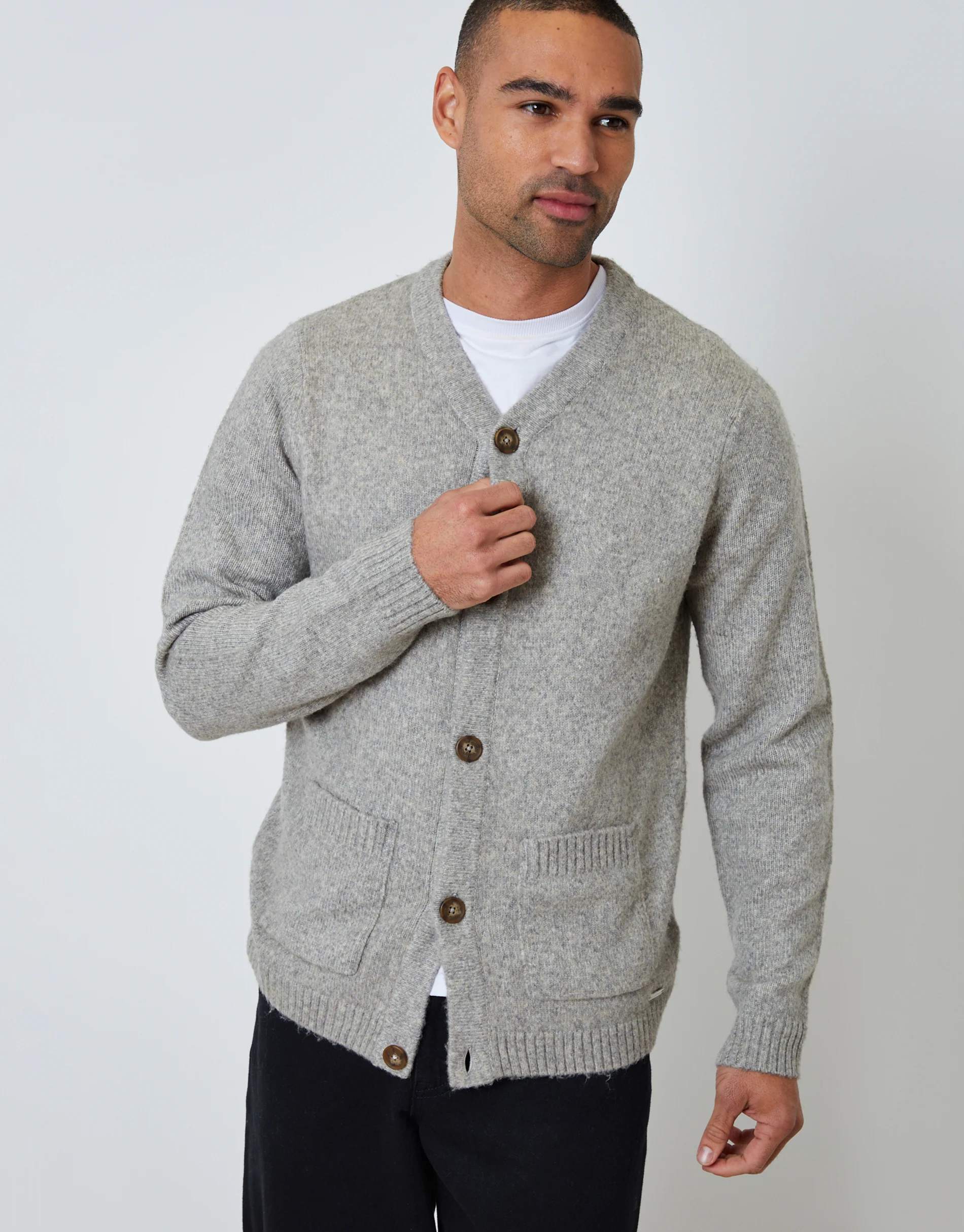 Knitted Button Up Patch Pocket Cardigan in Light Grey