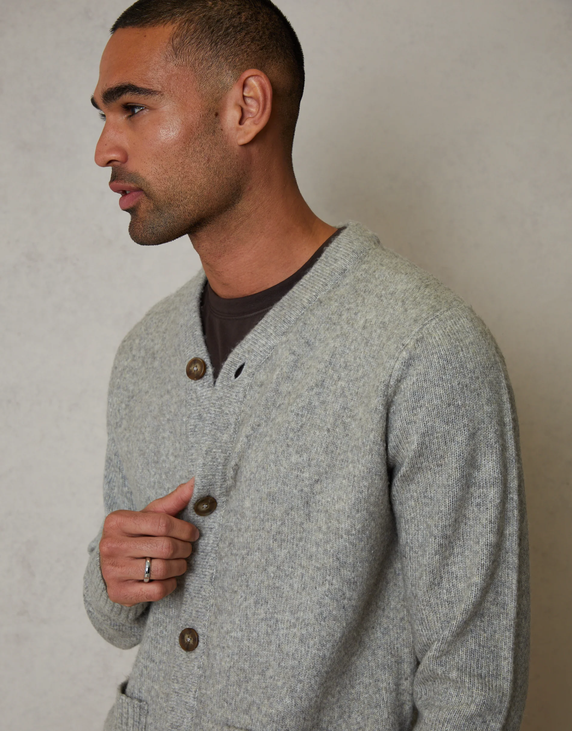 Knitted Button Up Patch Pocket Cardigan in Light Grey - Image 5