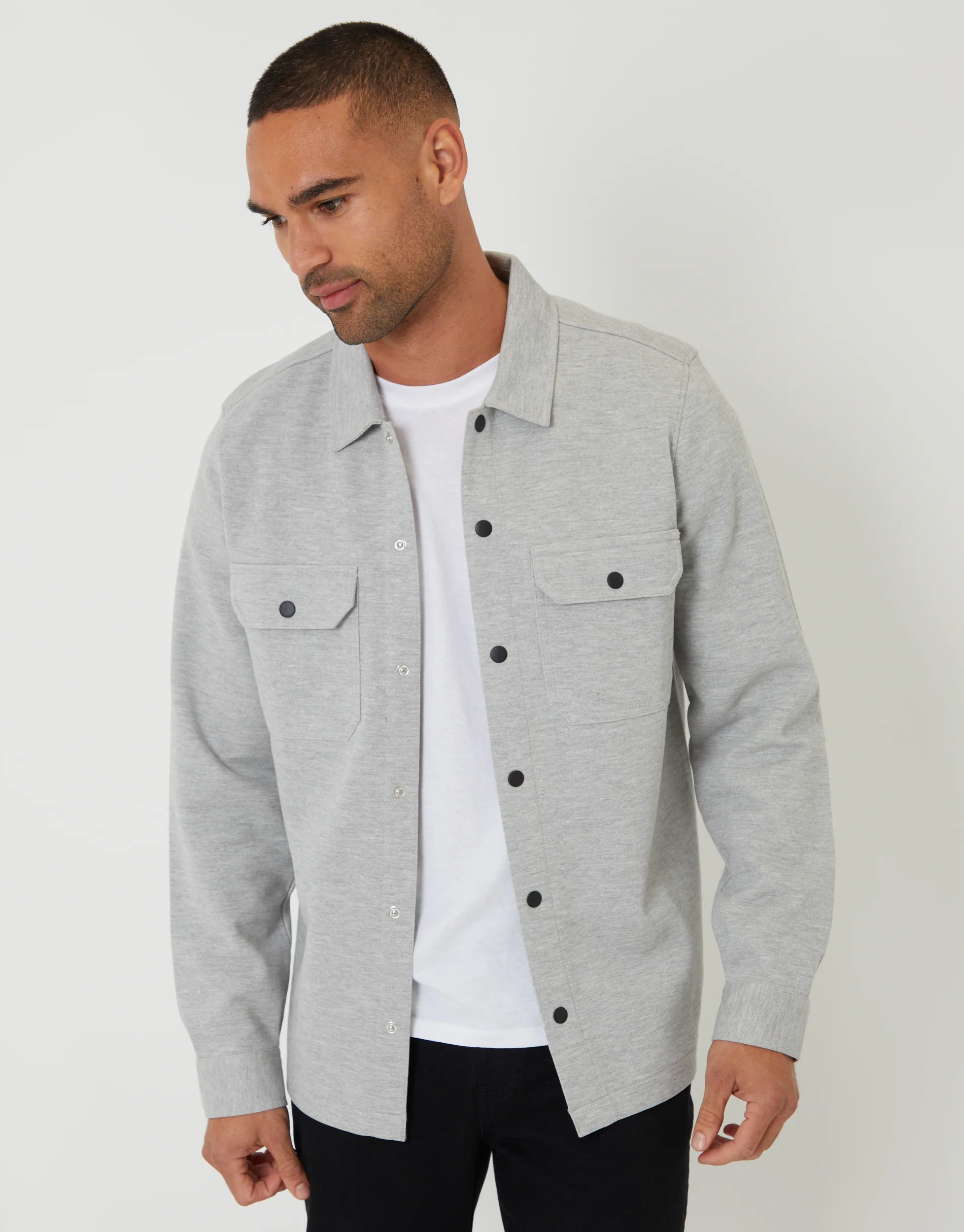 Pique Popper Fastening Shacket in Light Grey