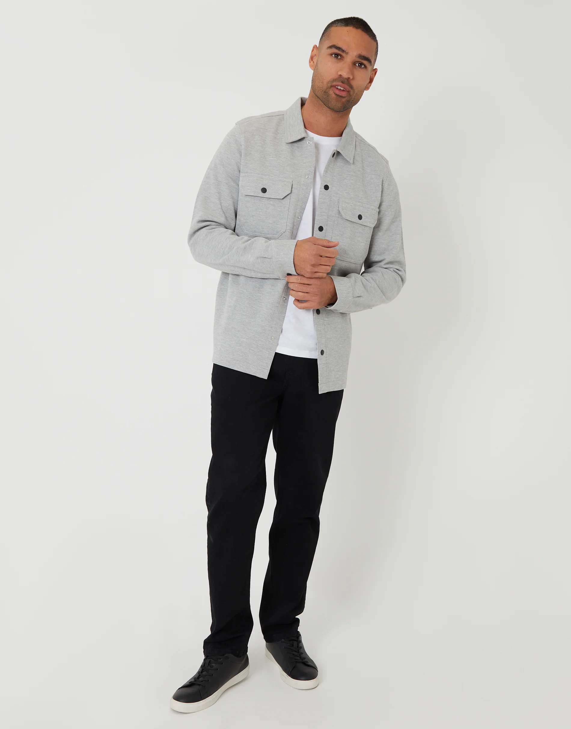 Pique Popper Fastening Shacket in Light Grey - Image 3
