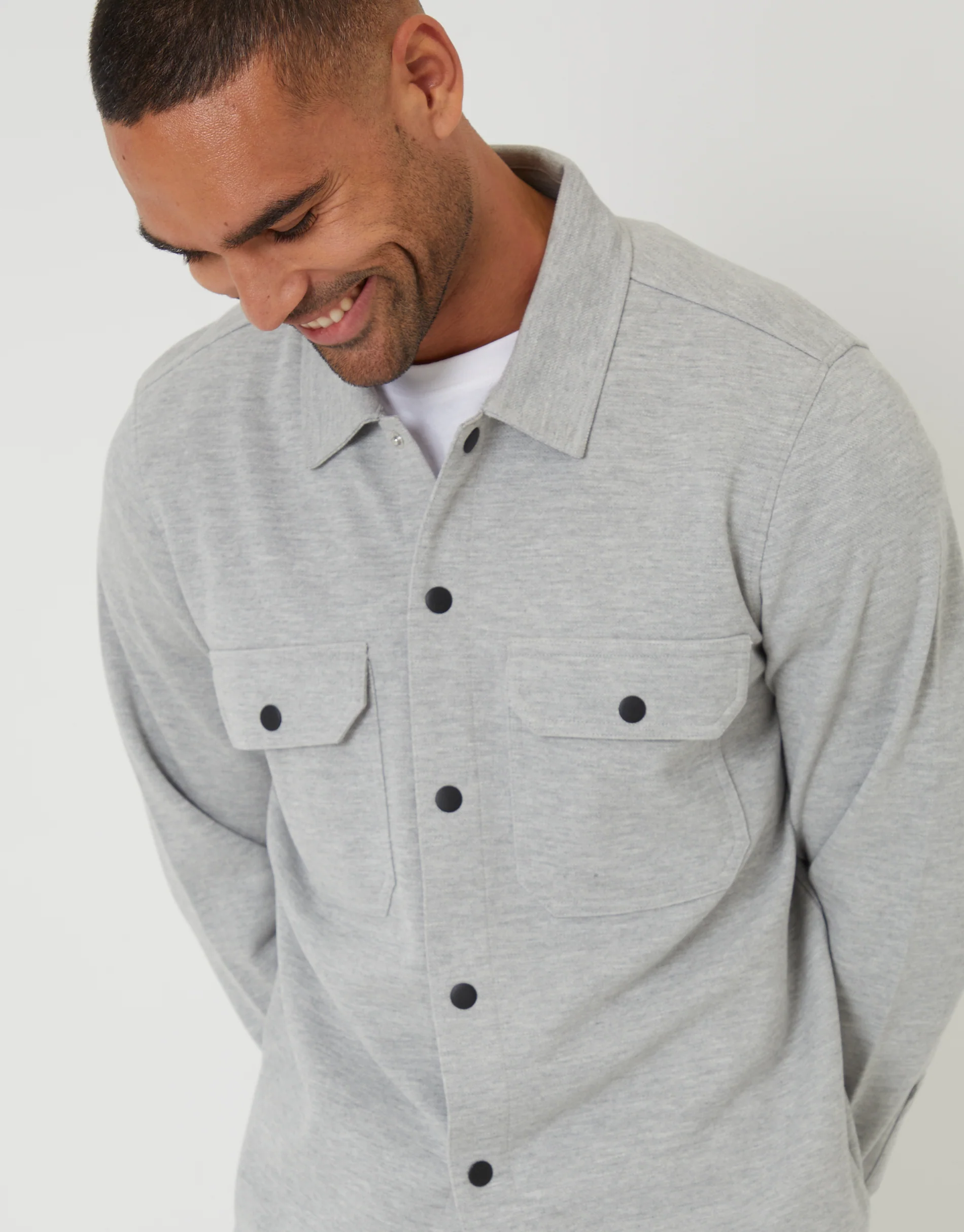 Pique Popper Fastening Shacket in Light Grey - Image 4