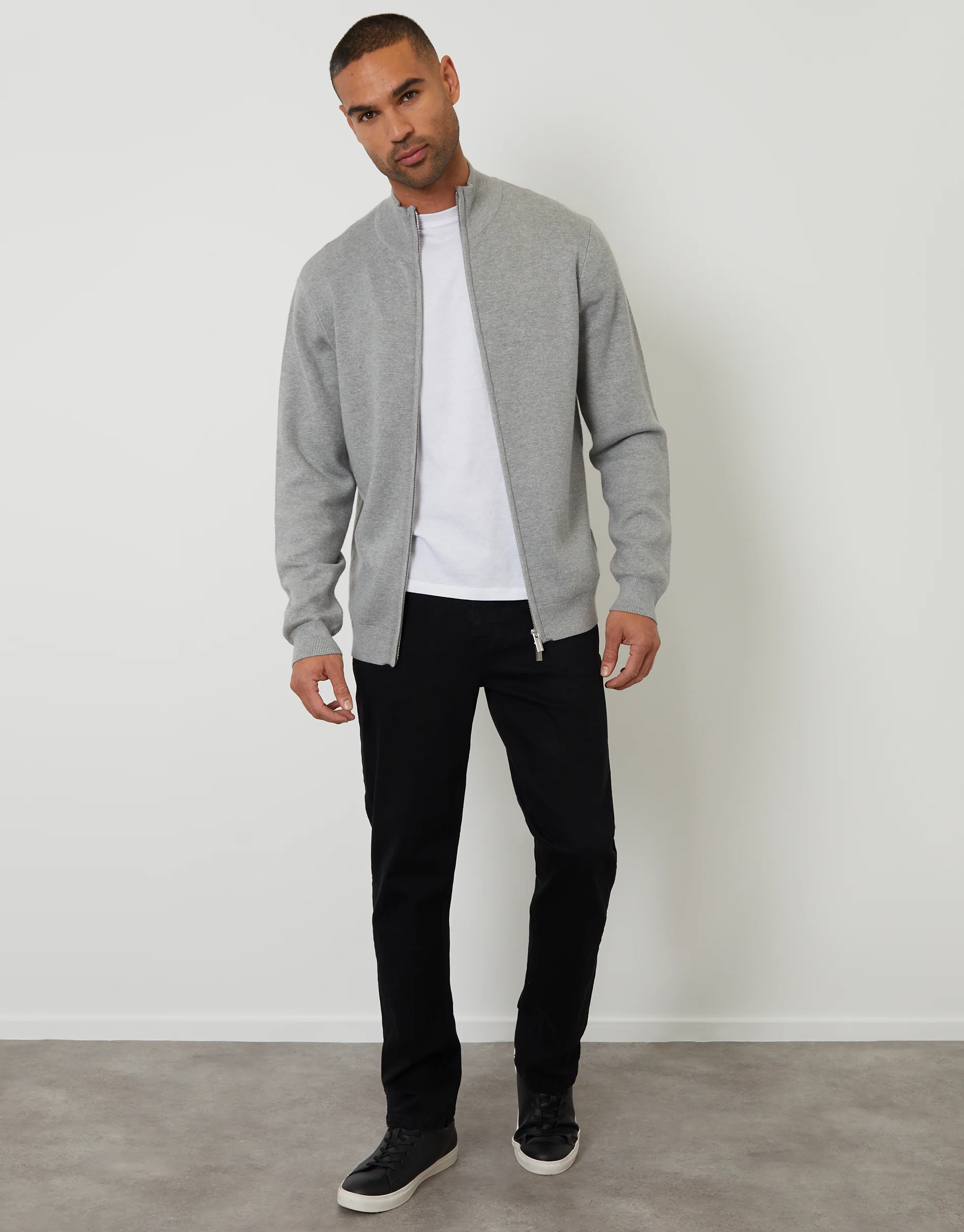 Zip-Through Funnel Neck Knitted Cardigan in Light Grey - Image 3