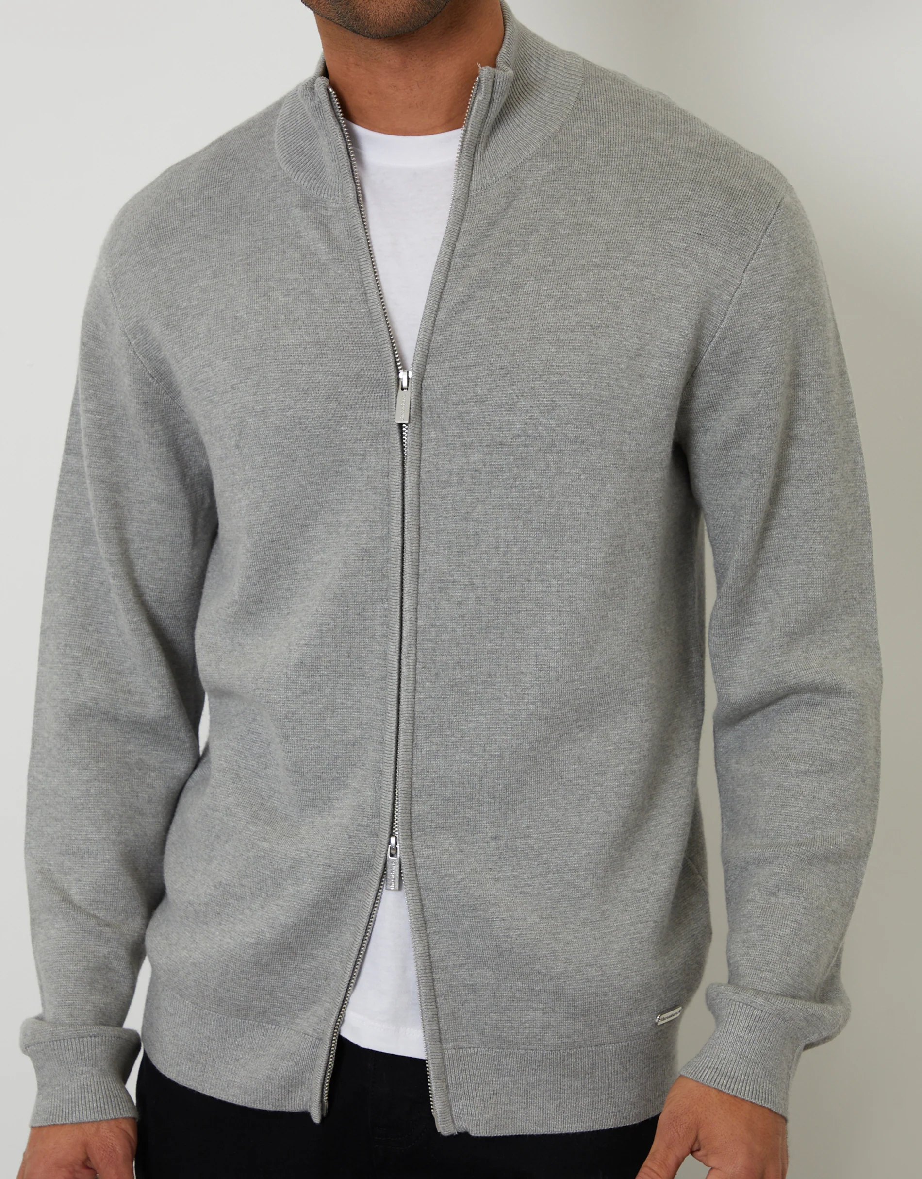 Zip-Through Funnel Neck Knitted Cardigan in Light Grey - Image 4
