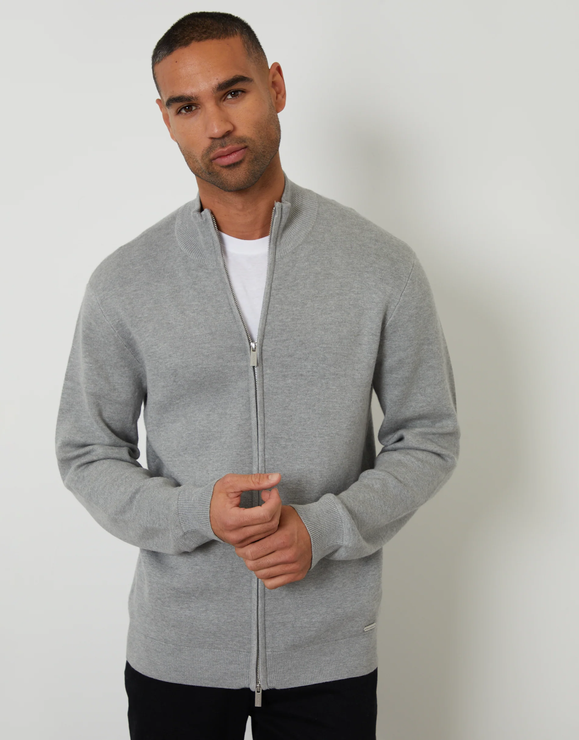 Zip-Through Funnel Neck Knitted Cardigan in Light Grey - Image 5