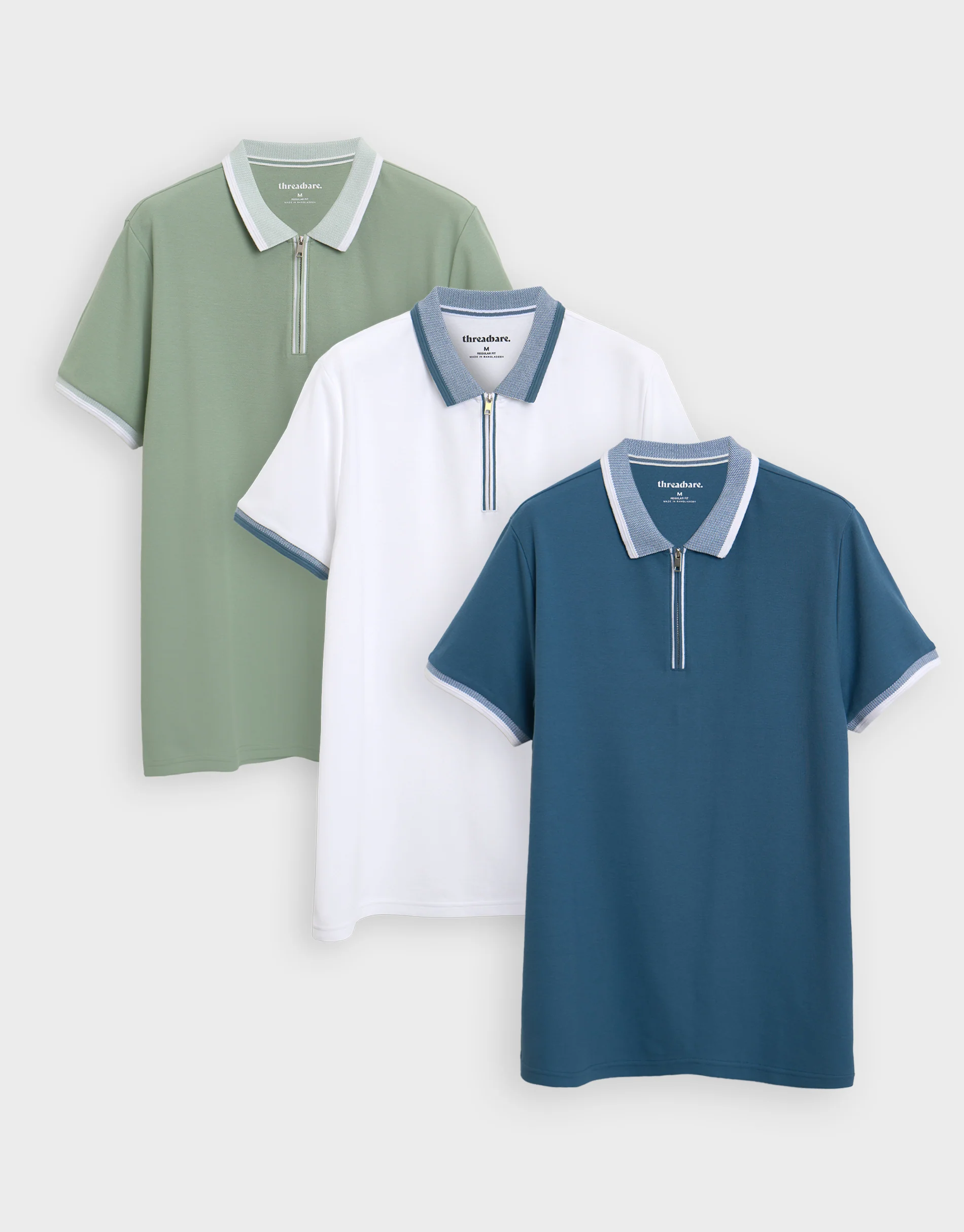 3 Pack Pique Tipping Collar Quarter Zip Polo Shirts in Light Mix