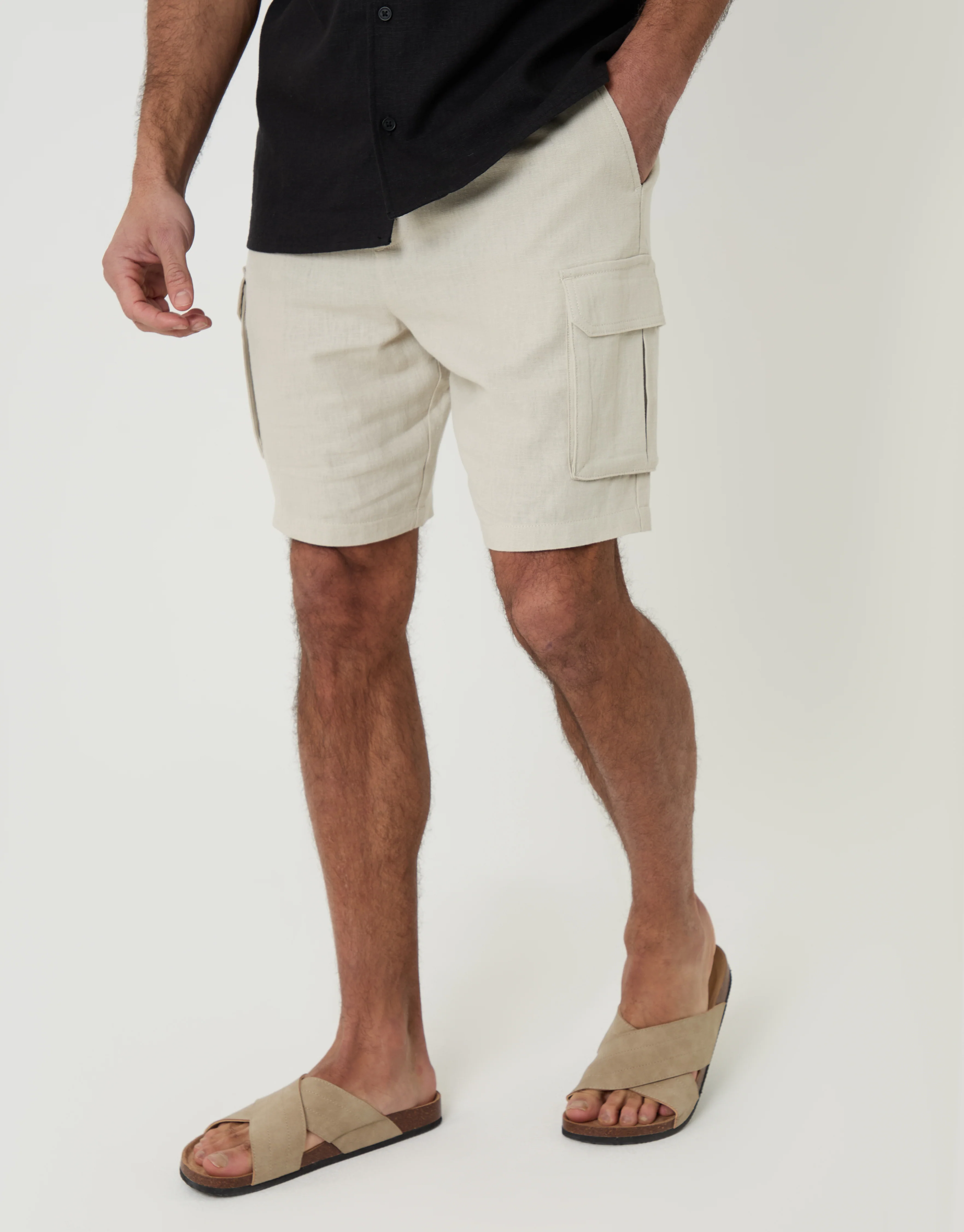 Linen Blend Cargo Shorts in Light Stone - Image 2