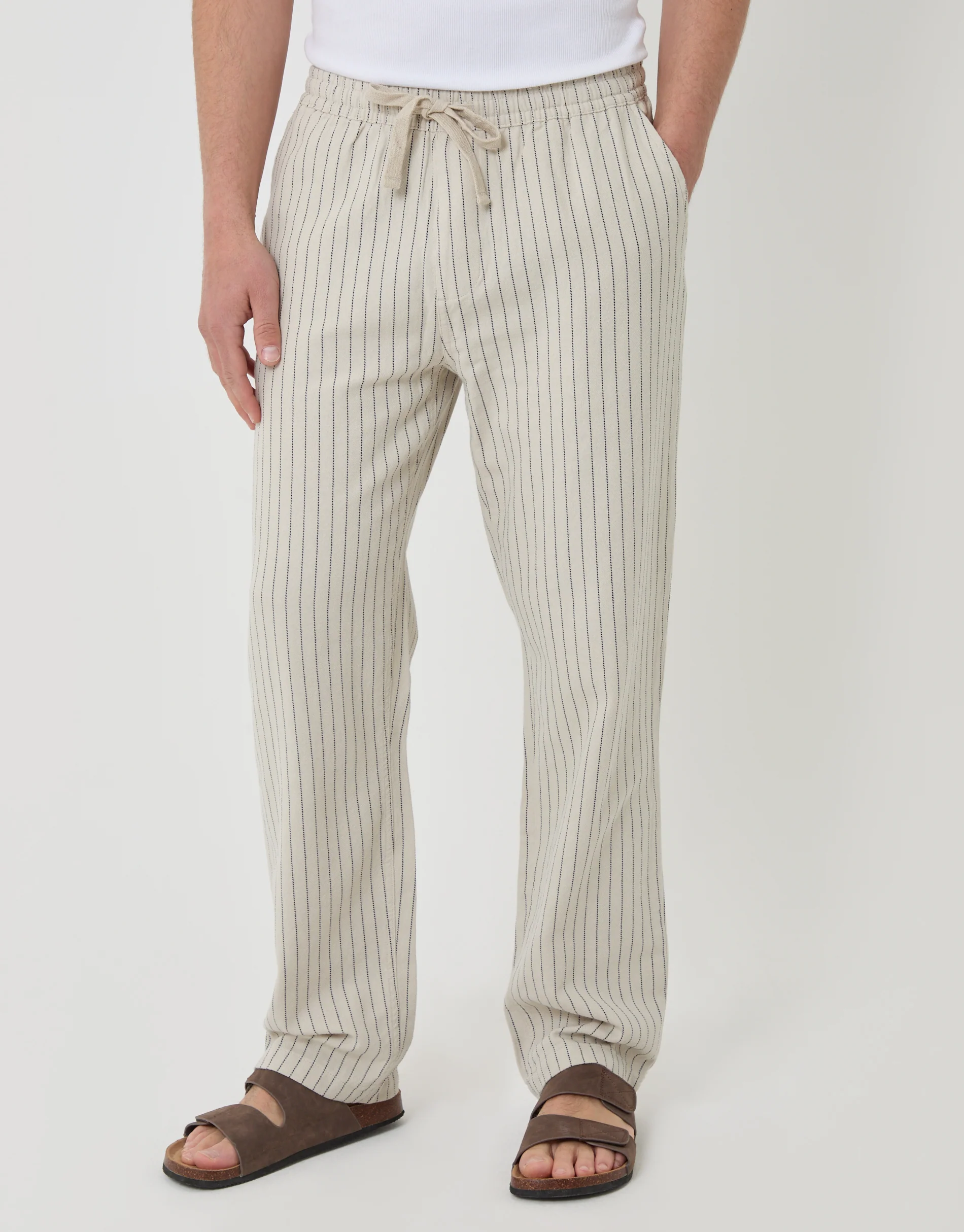 Straight Fit Cotton Trousers in Light Stone Stripe - Image 2