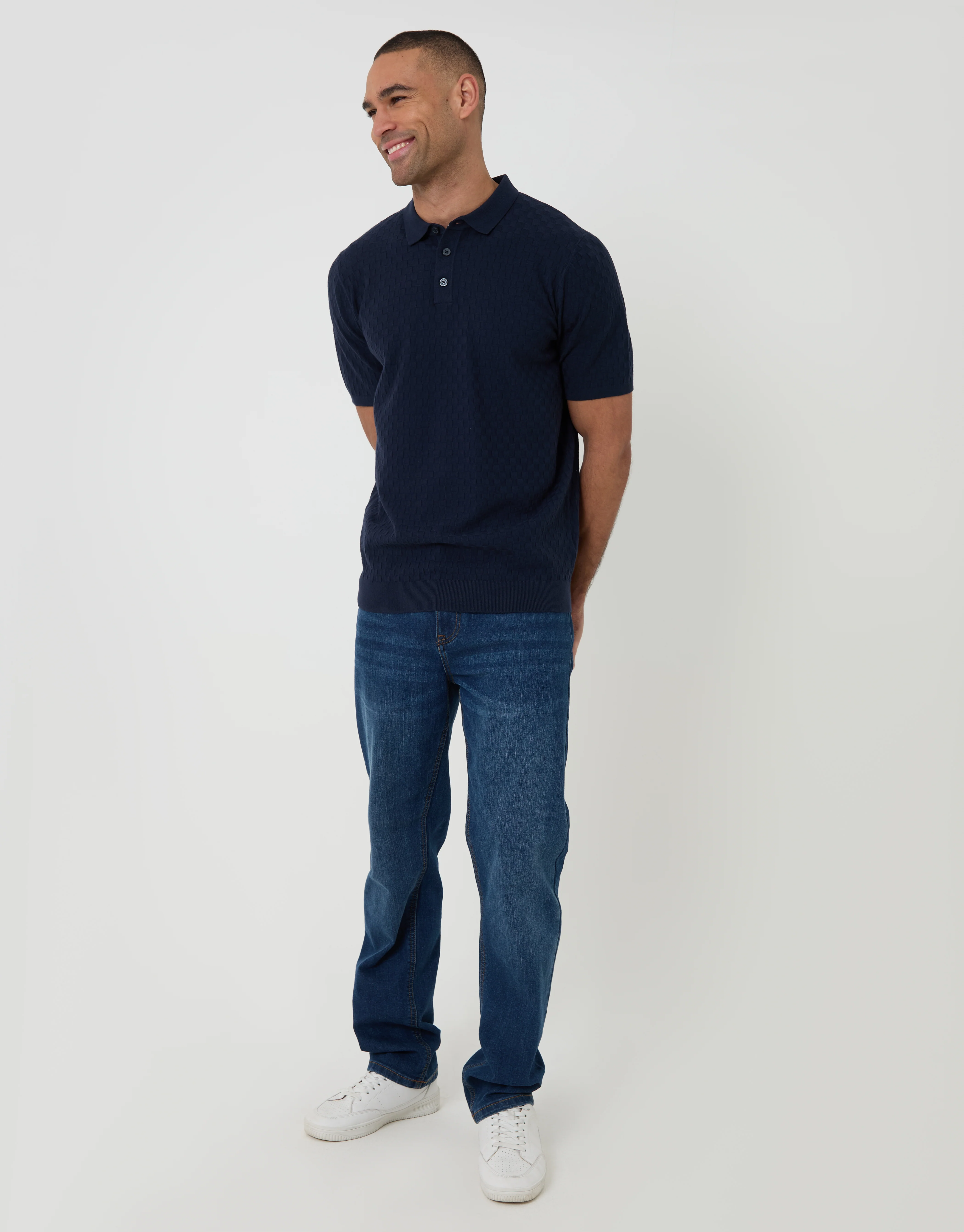 Basket Stitch Knitted Polo in Navy - Image 3