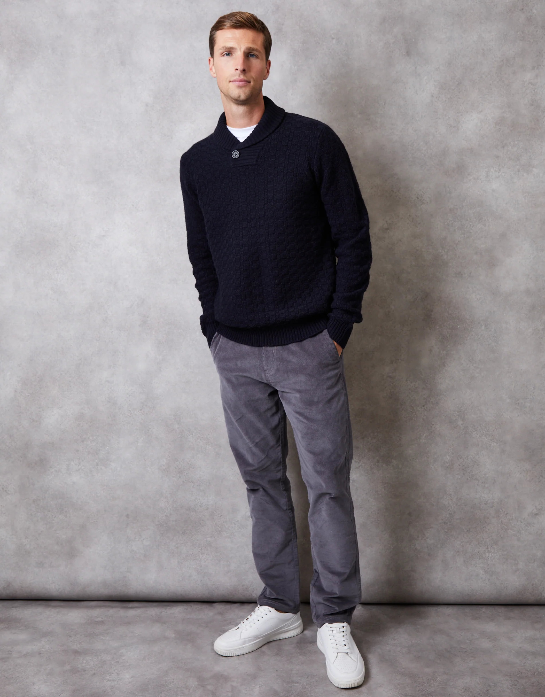 Basket Stitch Knitted Shawl Neck Jumper in Navy