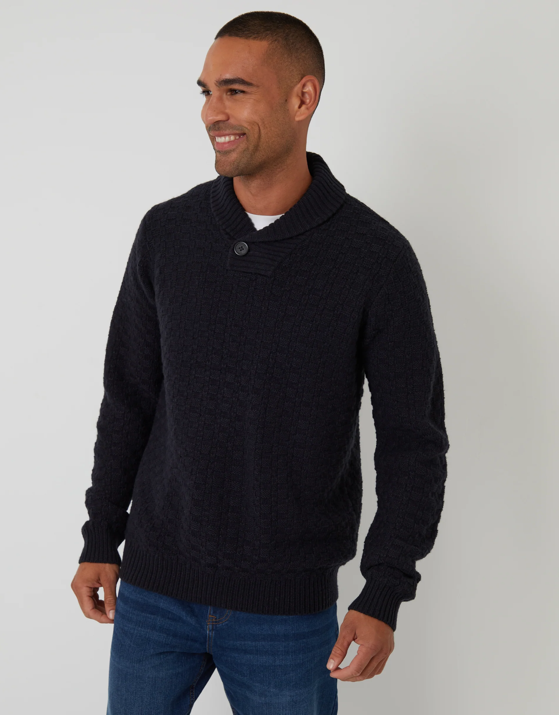 Basket Stitch Knitted Shawl Neck Jumper in Navy - Image 2