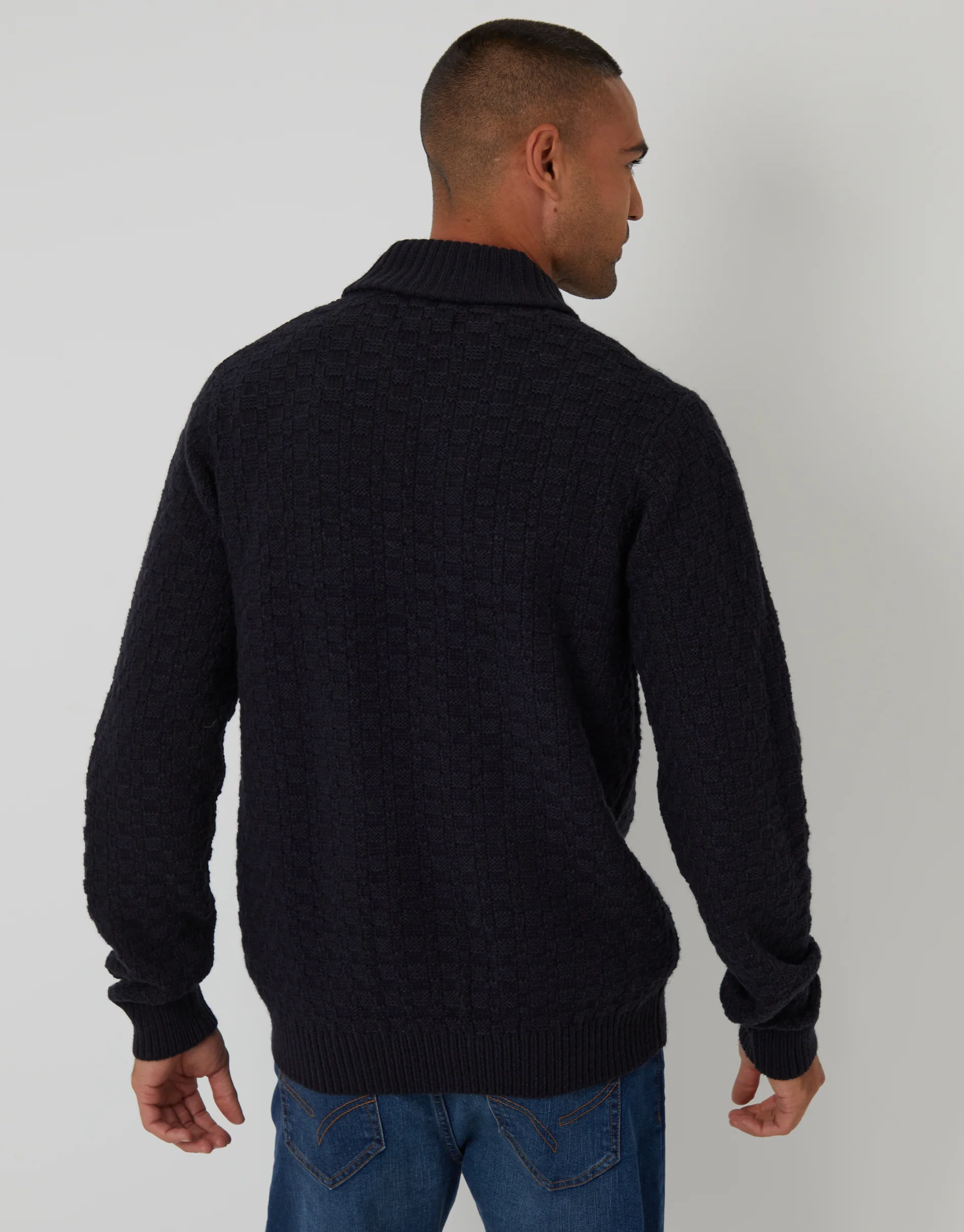 Basket Stitch Knitted Shawl Neck Jumper in Navy - Image 3