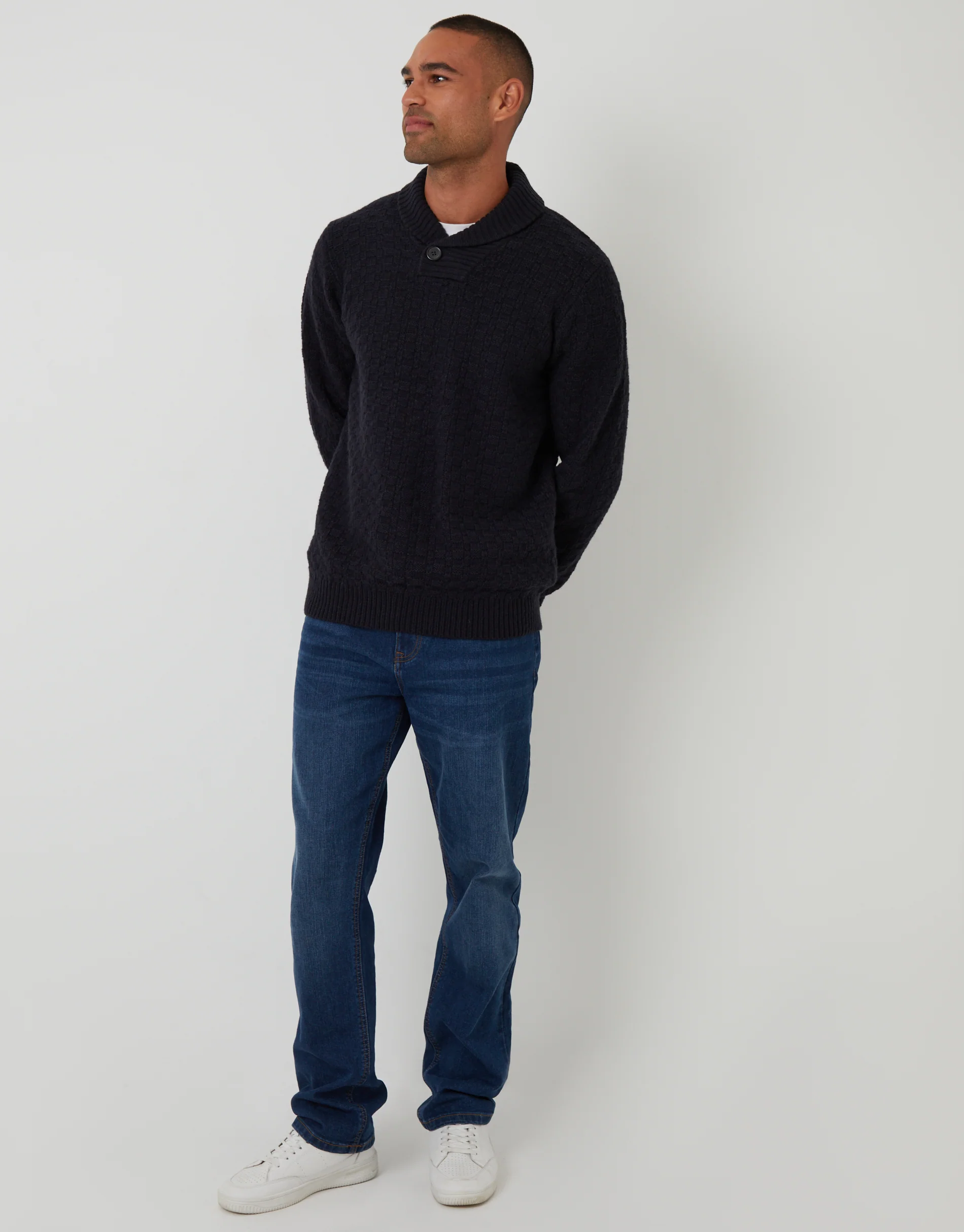 Basket Stitch Knitted Shawl Neck Jumper in Navy - Image 4