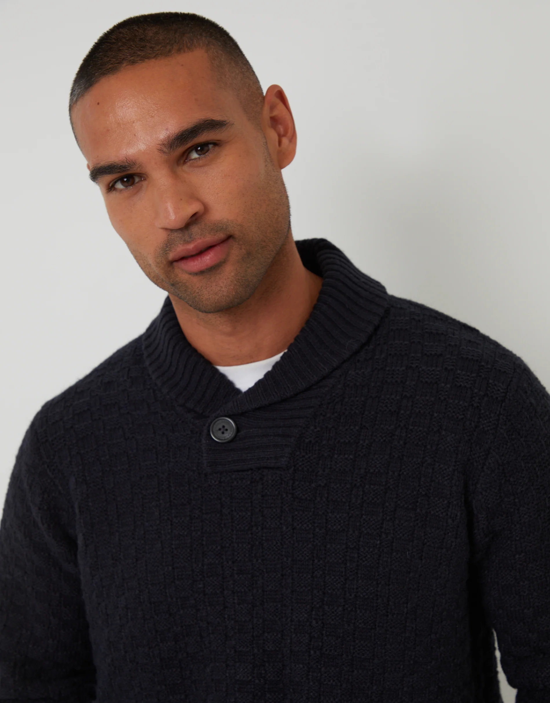 Basket Stitch Knitted Shawl Neck Jumper in Navy - Image 5