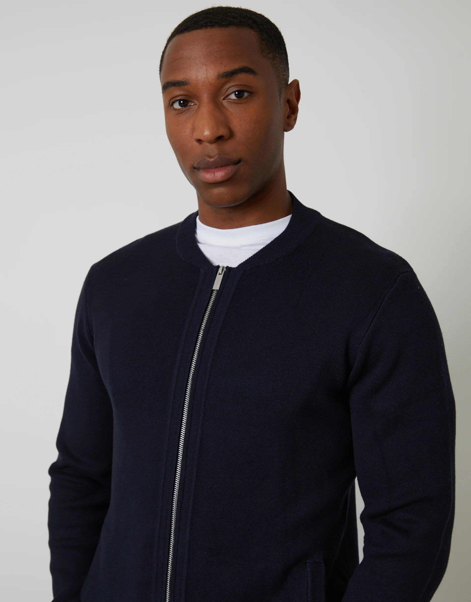 Bomber-Style Knitted Zip Through Cardigan in Navy - Image 4