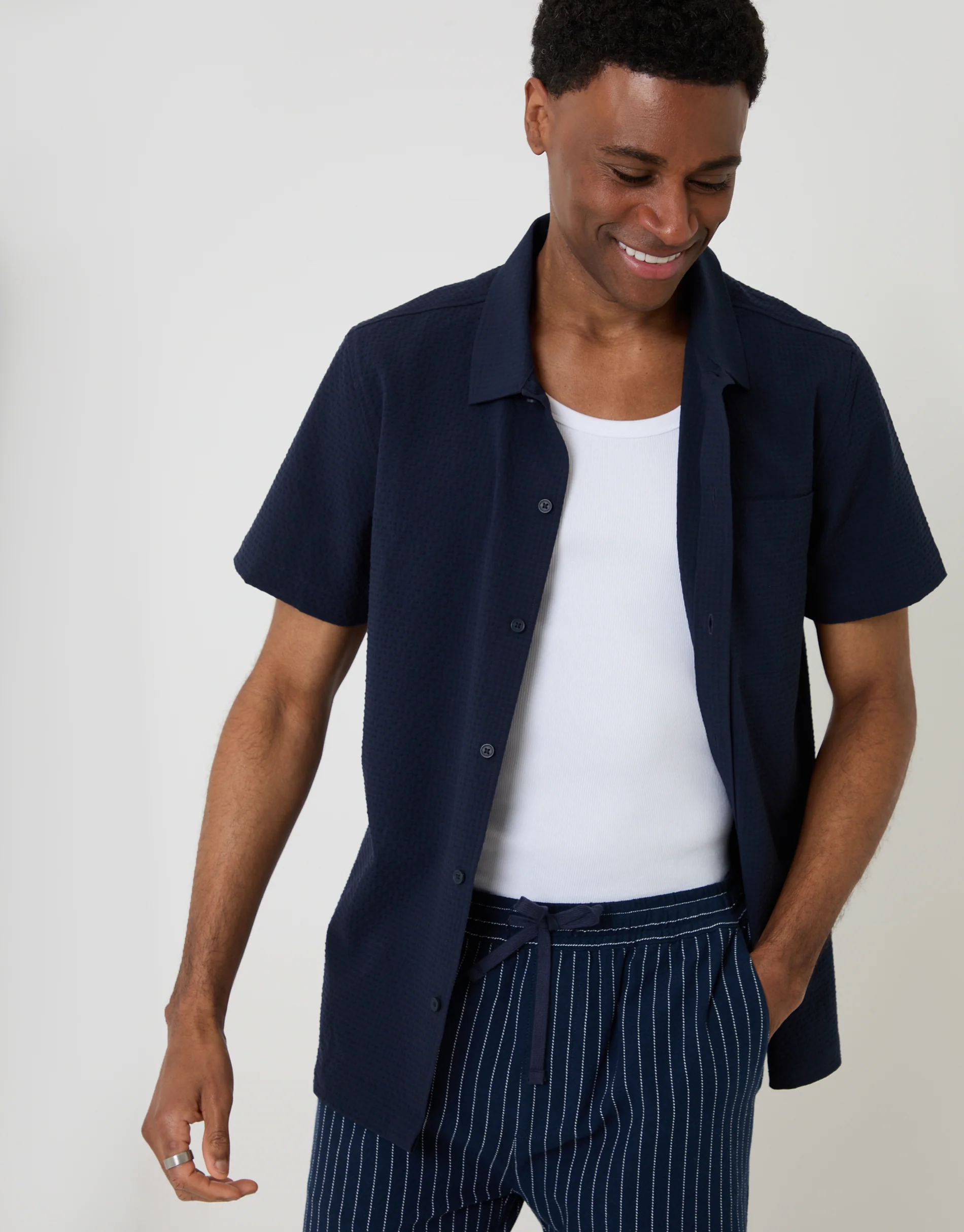 Boxy Fit Textured Short Sleeve Shirt in Navy