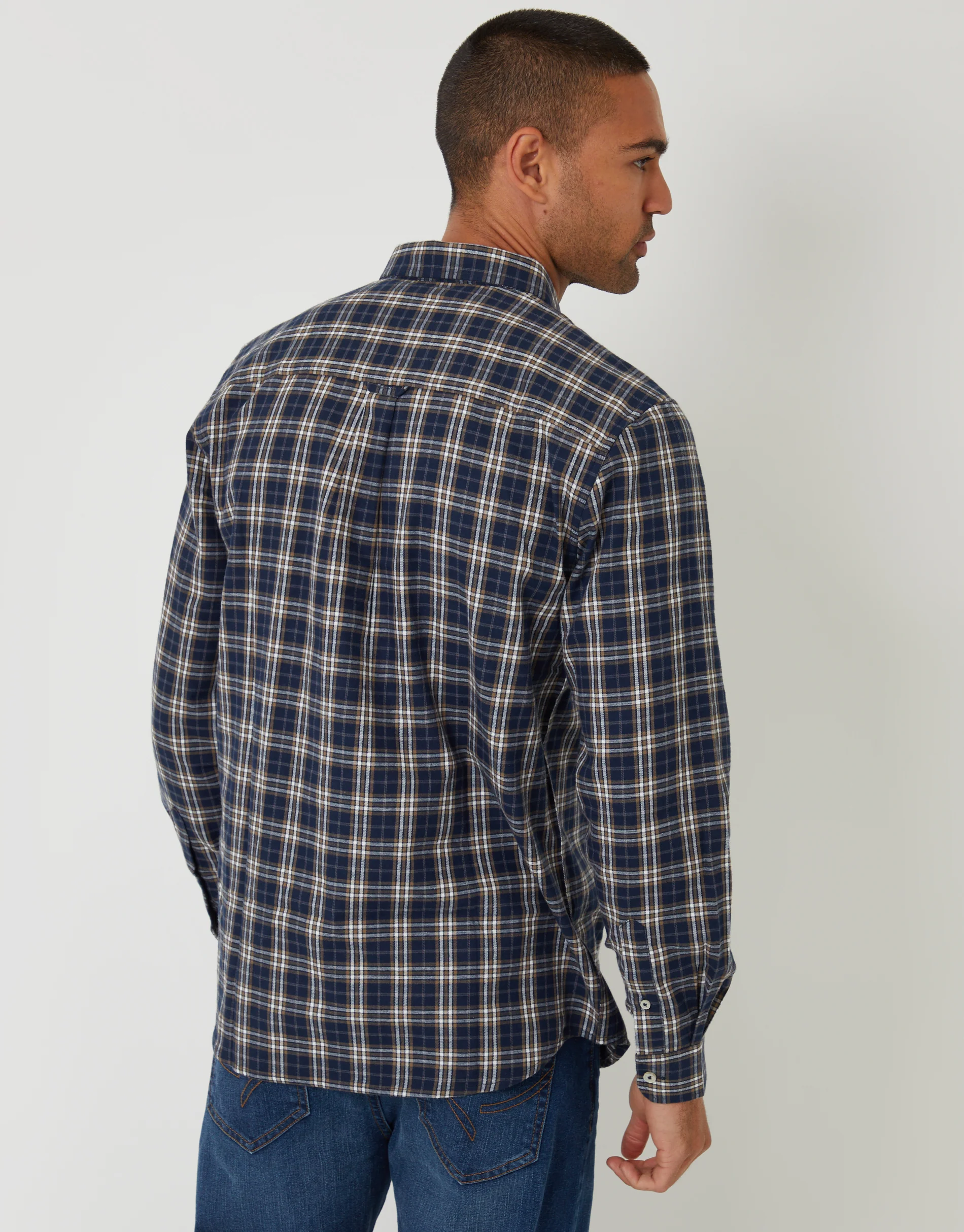 Brushed Flannel Long Sleeve Shirt in Navy Check - Image 2