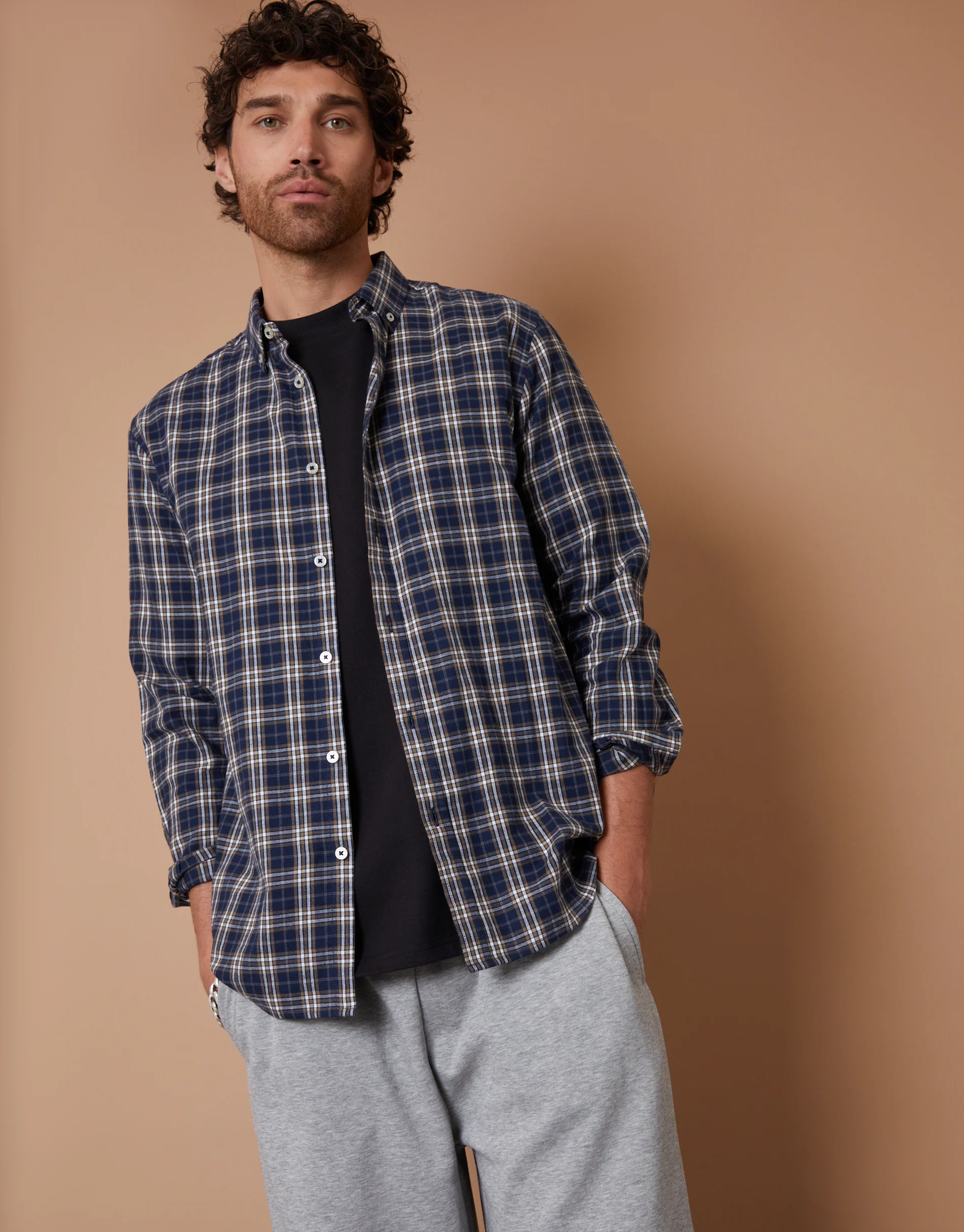 Brushed Flannel Long Sleeve Shirt in Navy Check - Image 5
