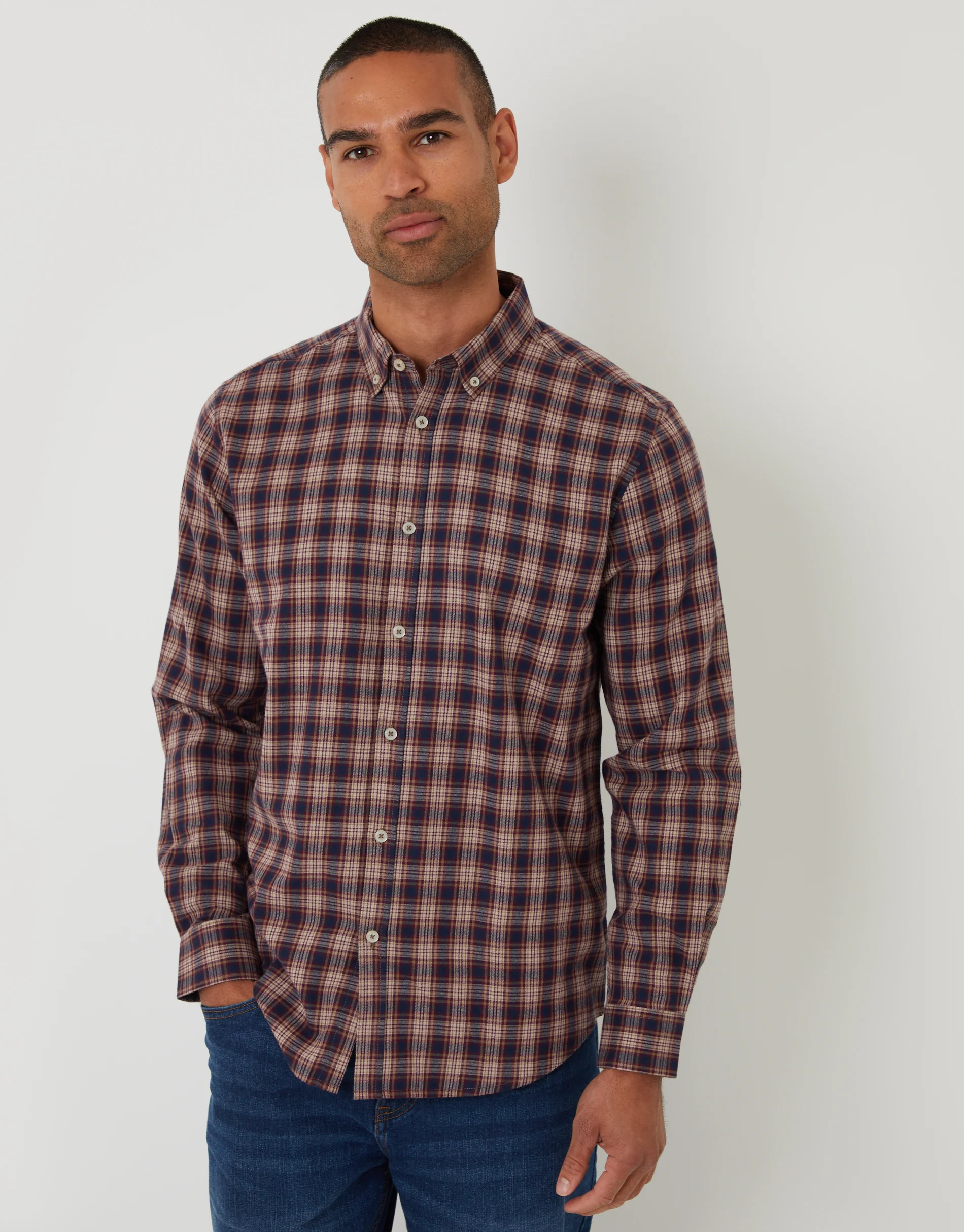 Brushed Flannel Long Sleeve Shirt in Brown Check