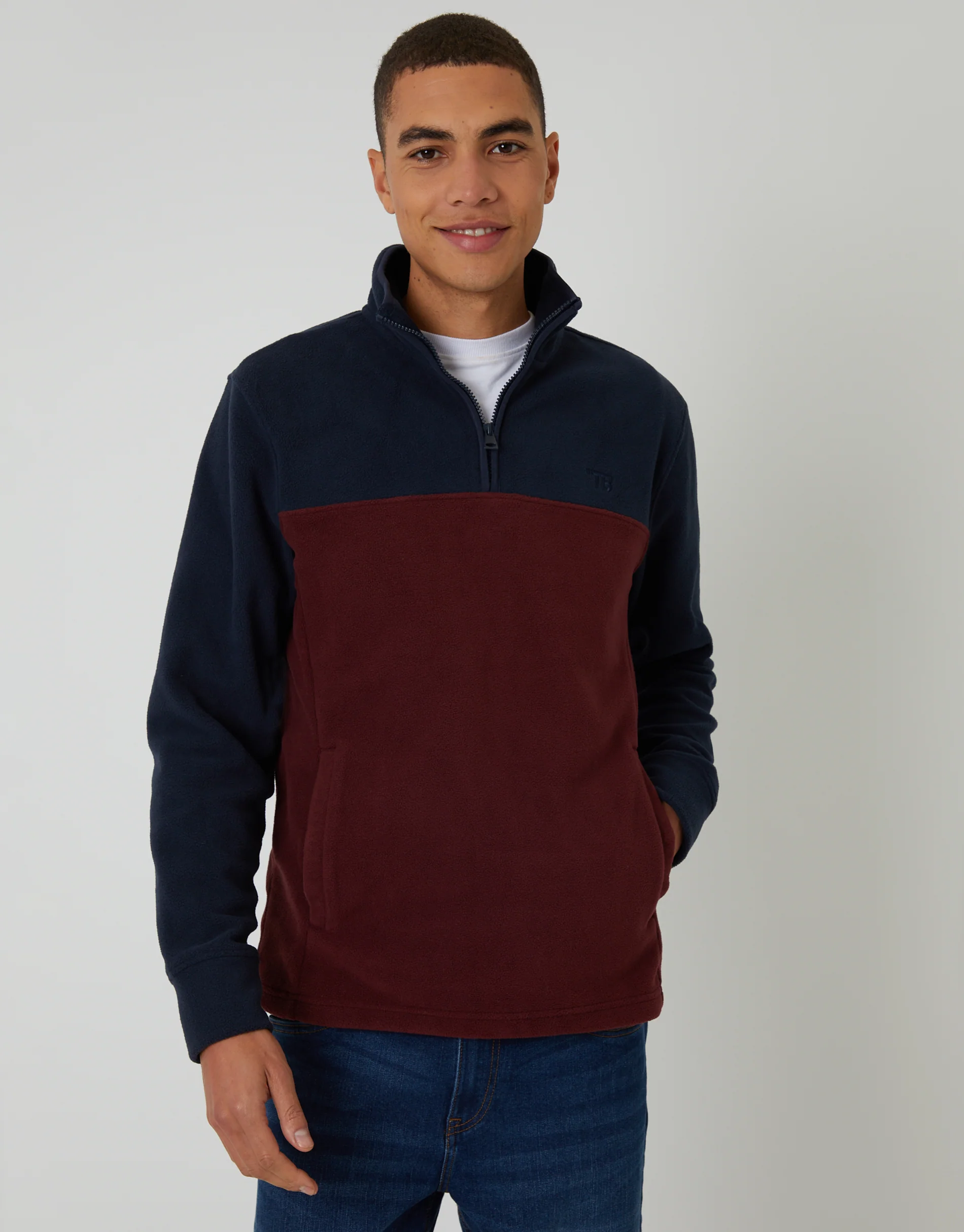 Colourblock Quarter Zip Fleece in Navy & Burgundy