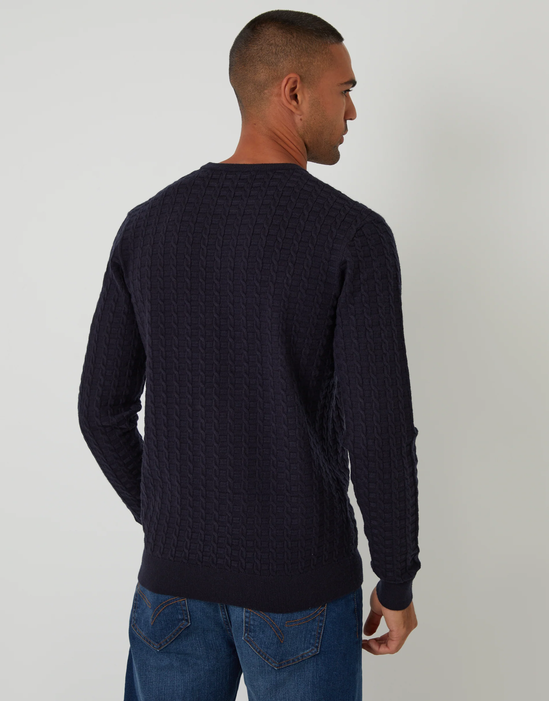 Cable Knit Crew Neck Jumper in Navy - Image 2