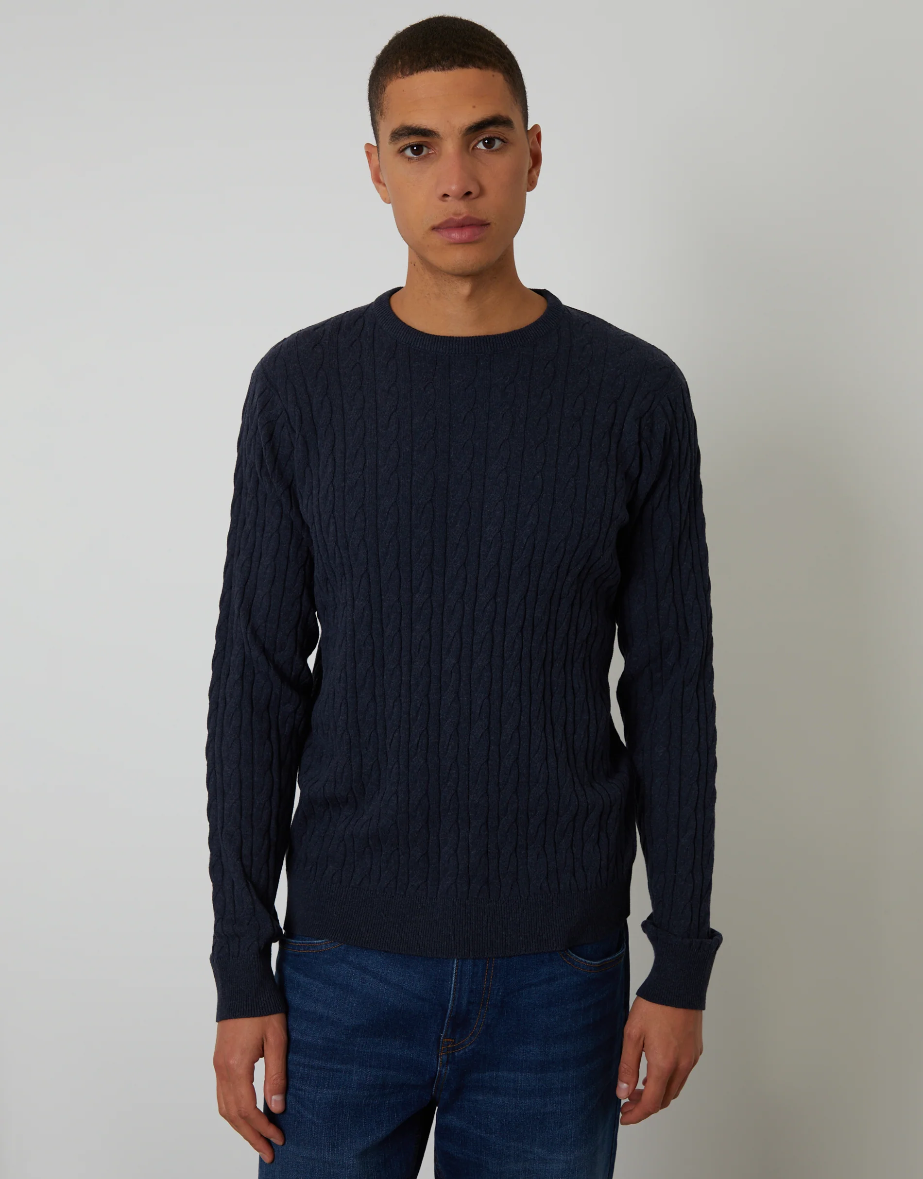 Cable Knit Crew Neck Jumper in Navy
