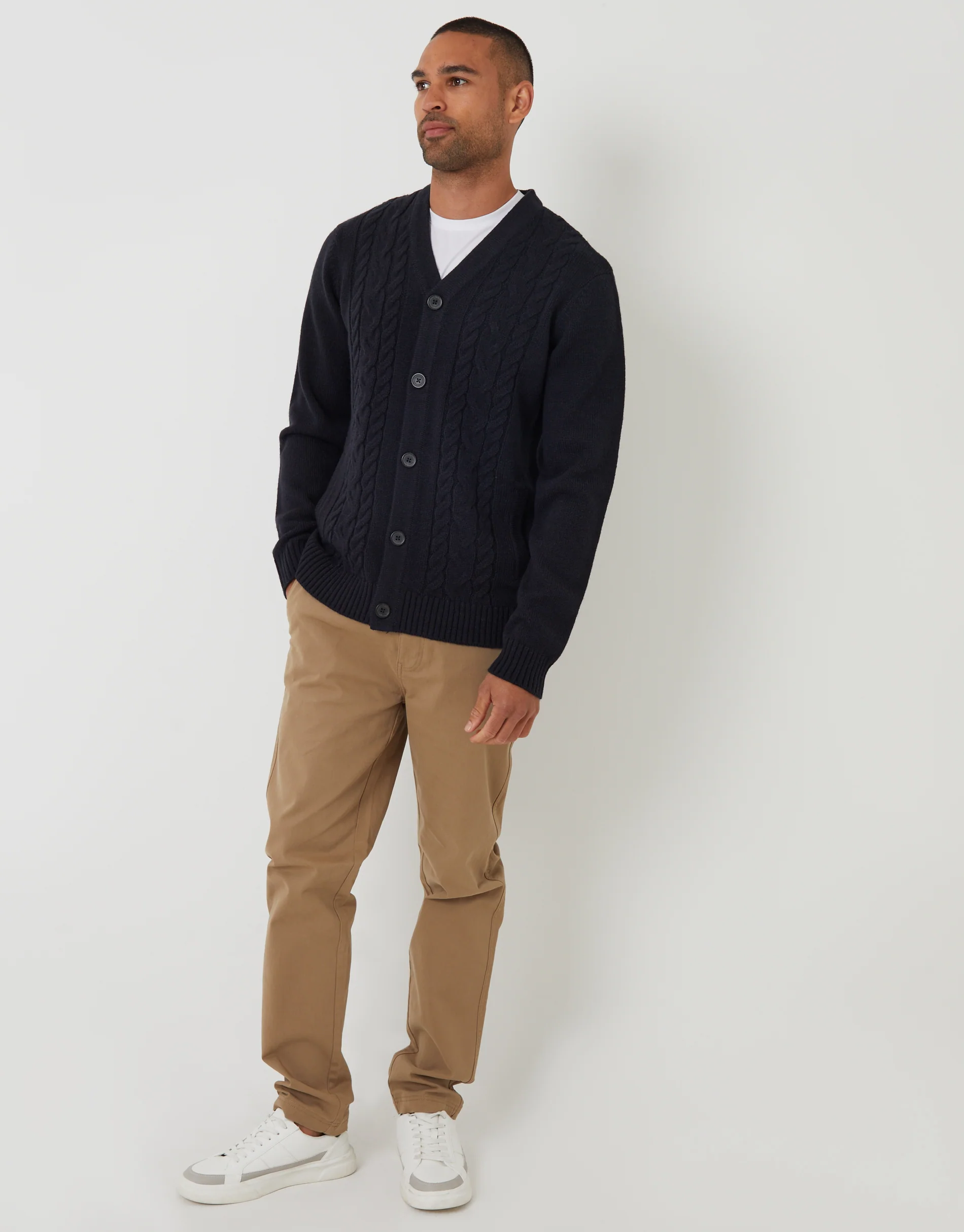 Cable Knit Detail V-Neck Cardigan in Navy - Image 3