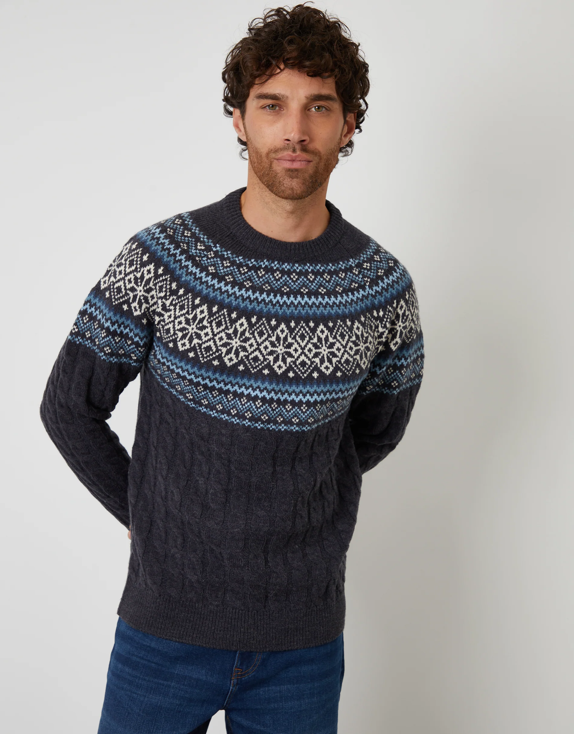 Cable Knit Fairisle Crew Neck Christmas Jumper in Navy - Image 2