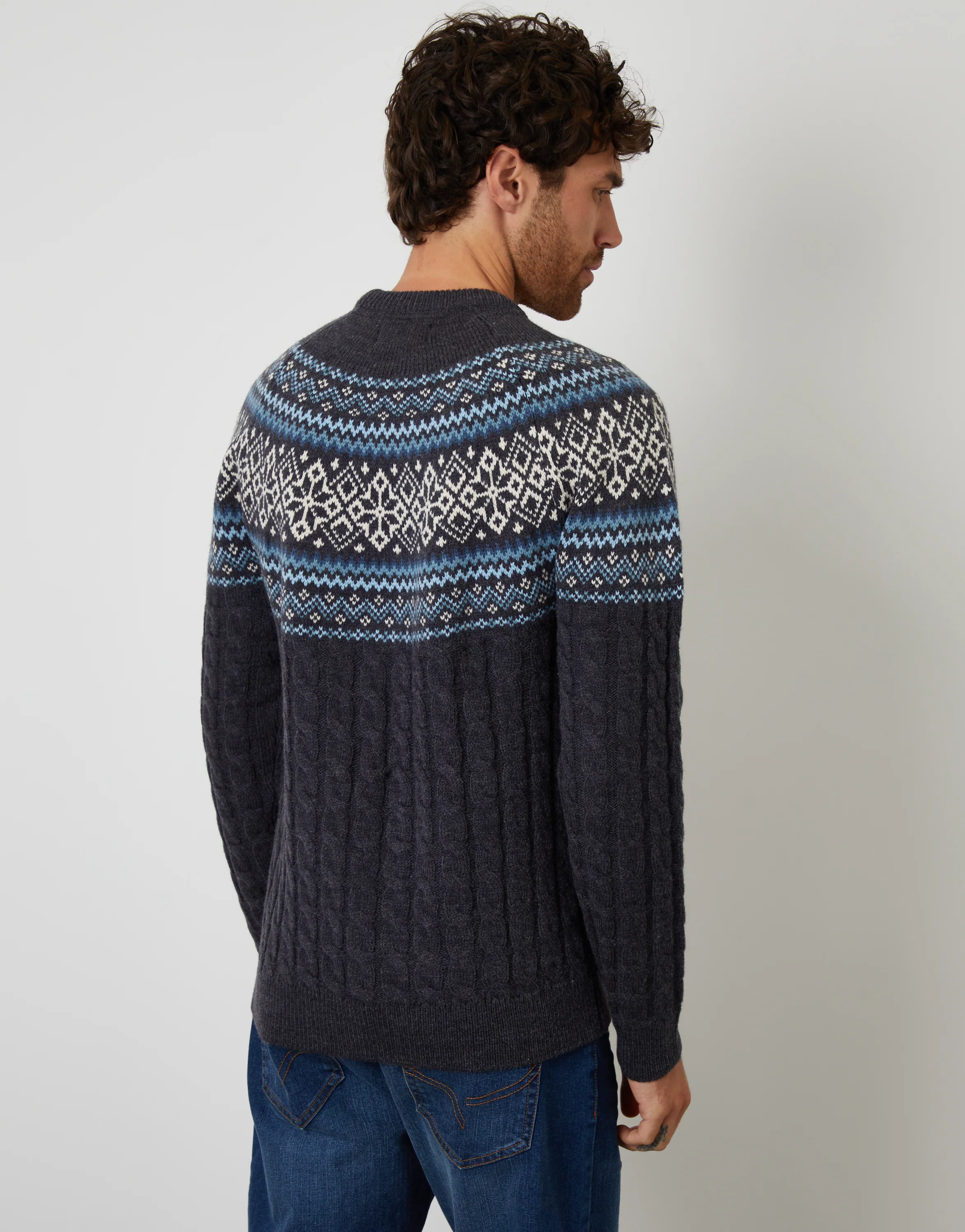 Cable Knit Fairisle Crew Neck Christmas Jumper in Navy - Image 3