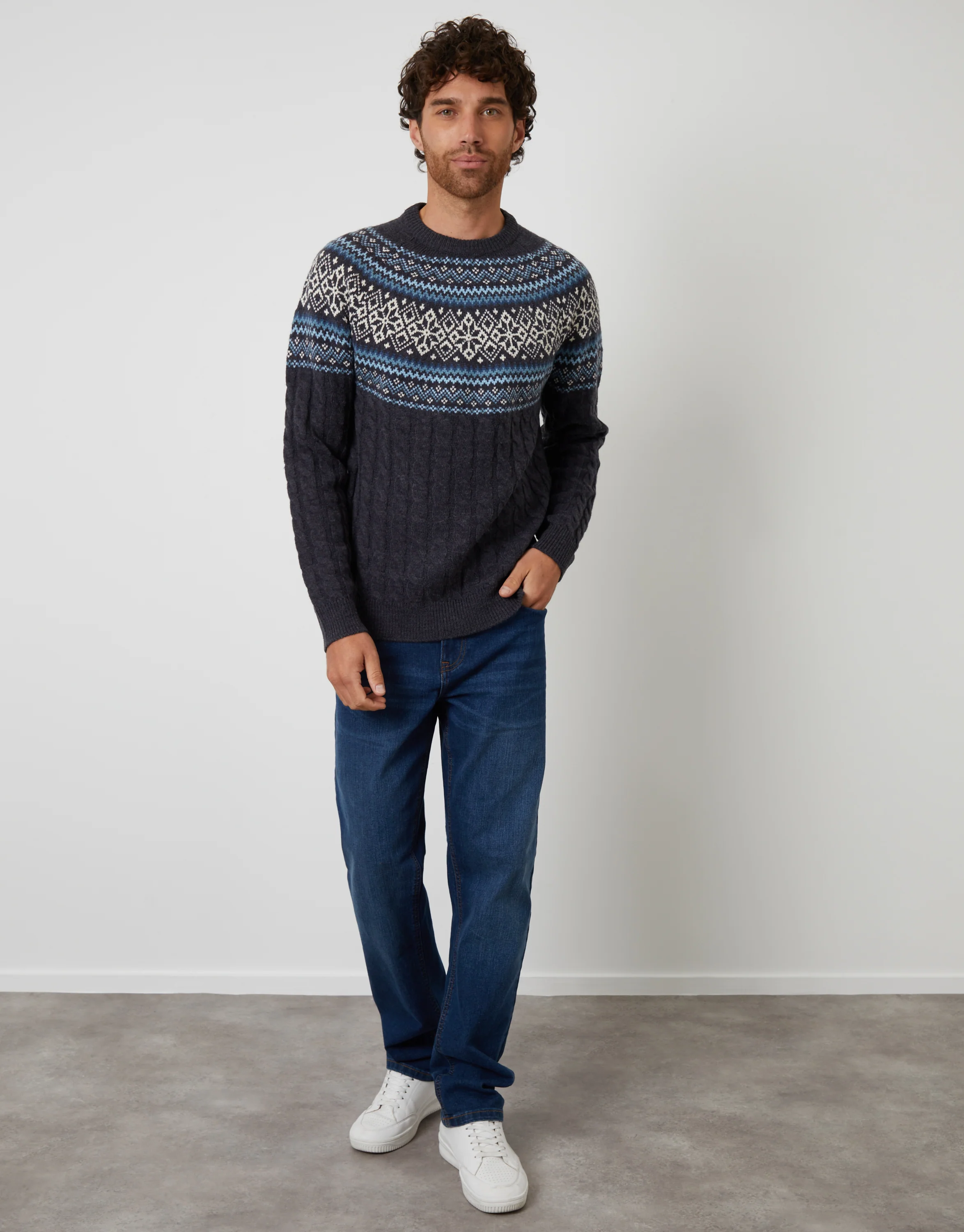 Cable Knit Fairisle Crew Neck Christmas Jumper in Navy - Image 4