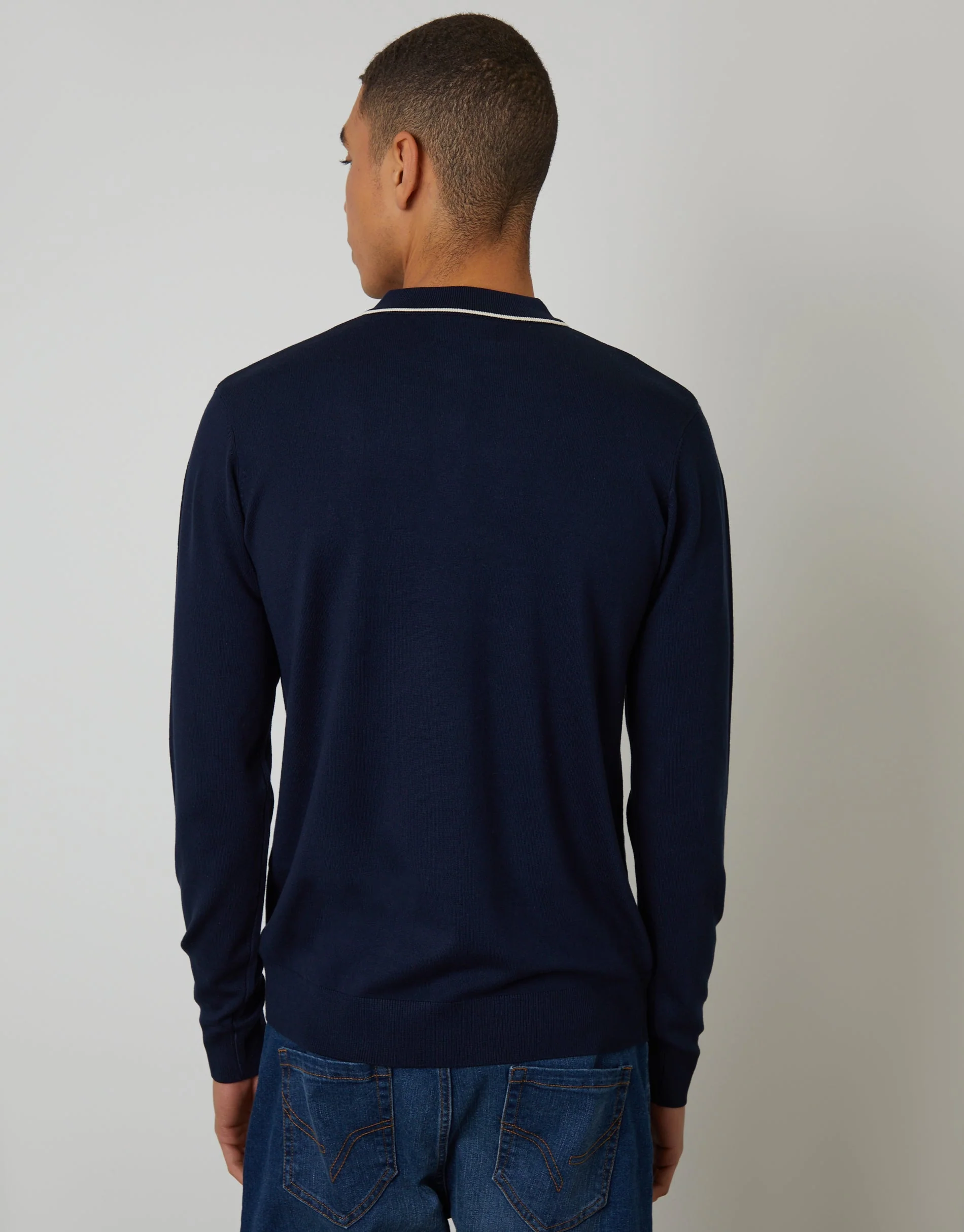 Cable Knit Long Sleeve Polo Jumper in Navy - Image 2