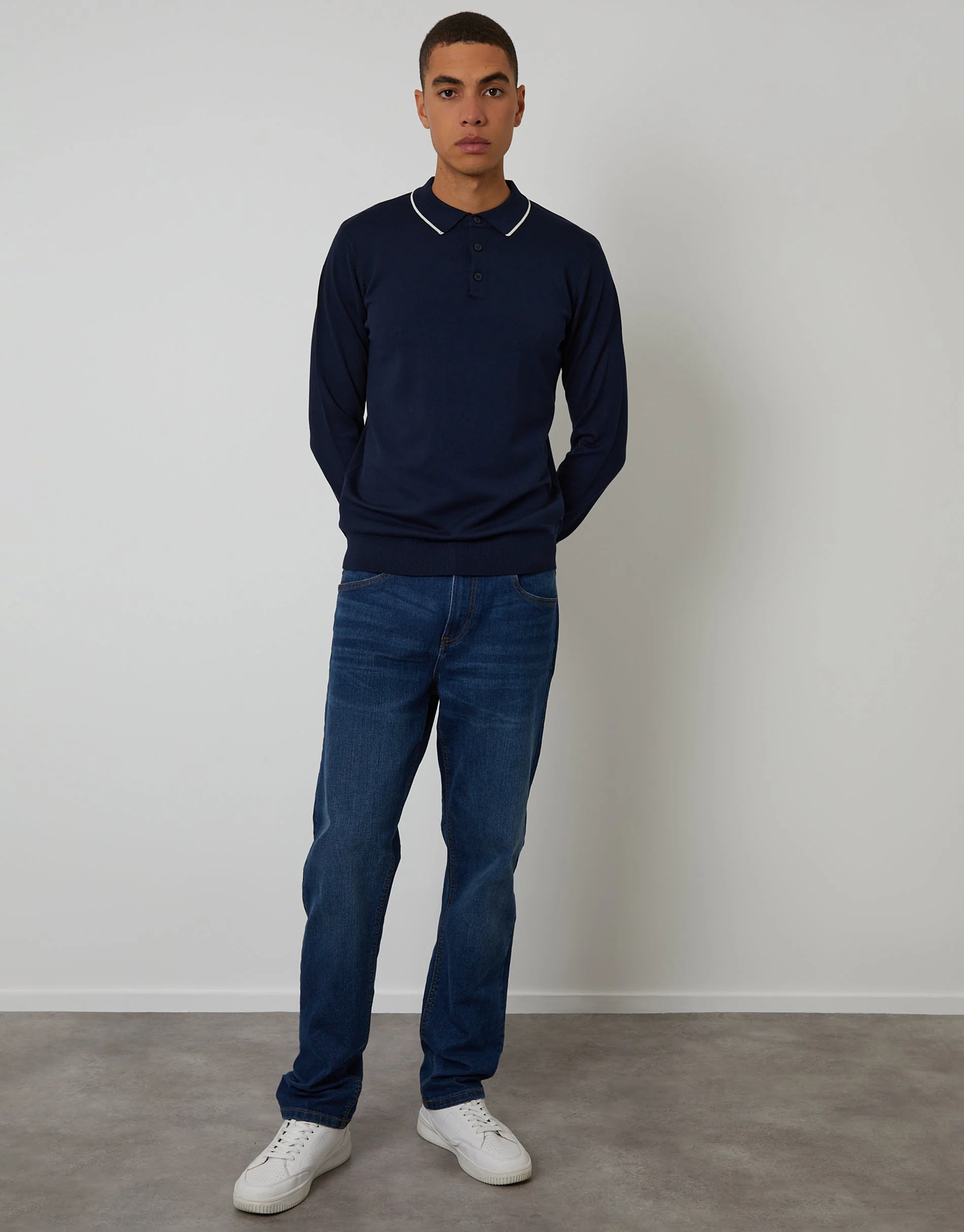 Cable Knit Long Sleeve Polo Jumper in Navy - Image 3