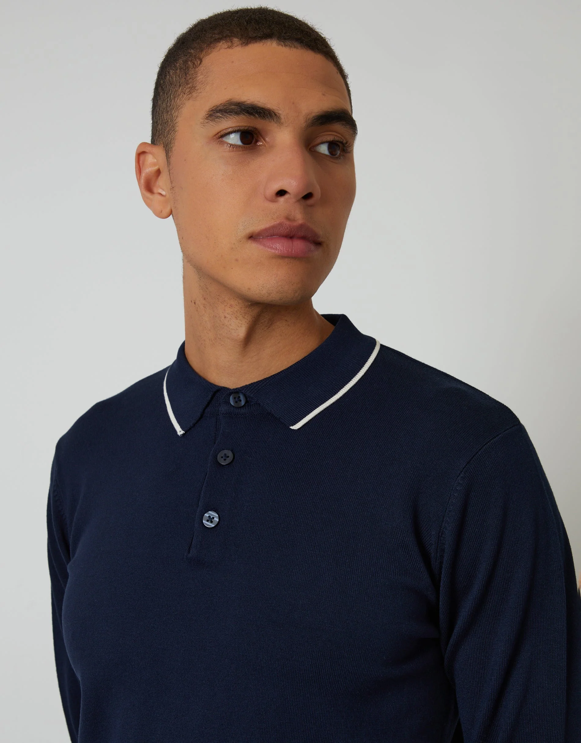 Cable Knit Long Sleeve Polo Jumper in Navy - Image 4