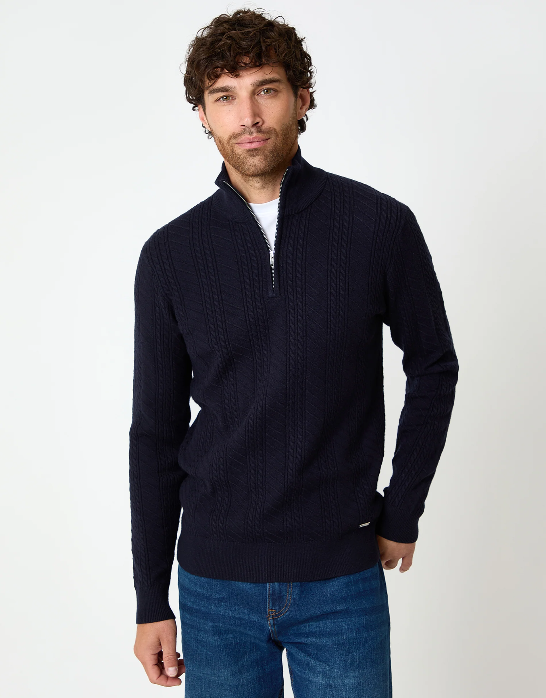 Cable Knit Quarter Zip Jumper in Navy
