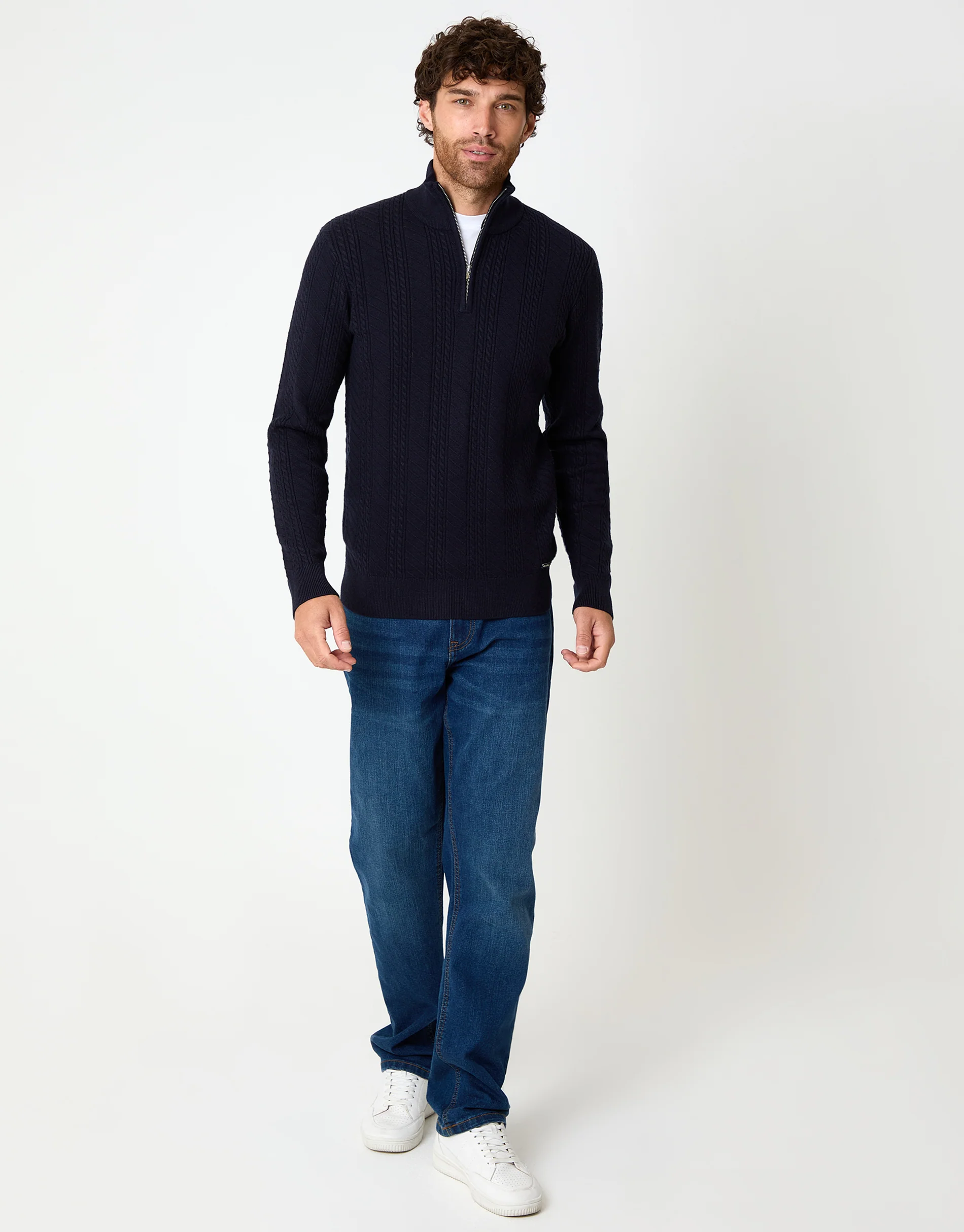 Cable Knit Quarter Zip Jumper in Navy - Image 3