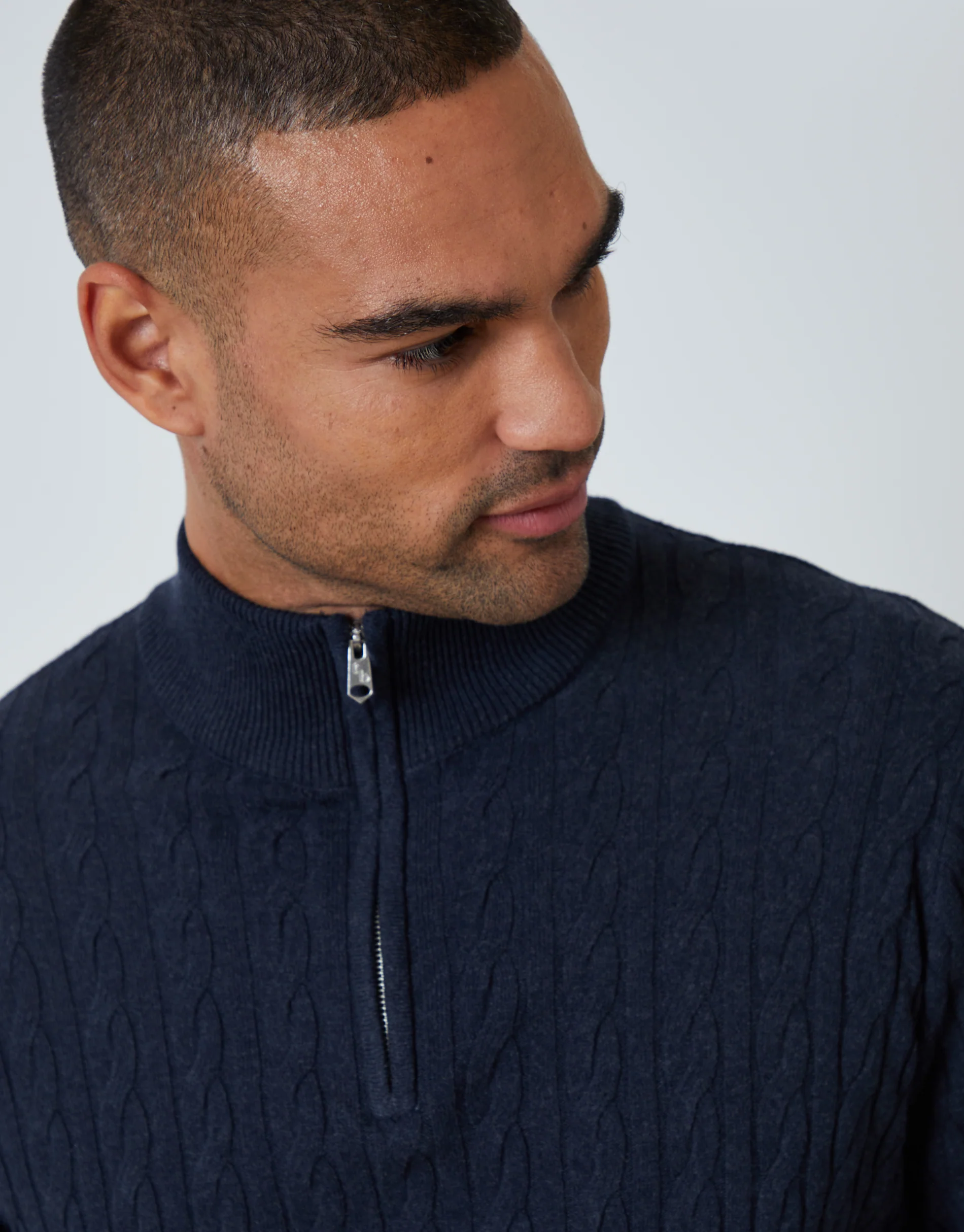 Cable Knit Quarter Zip Jumper in Navy - Image 4