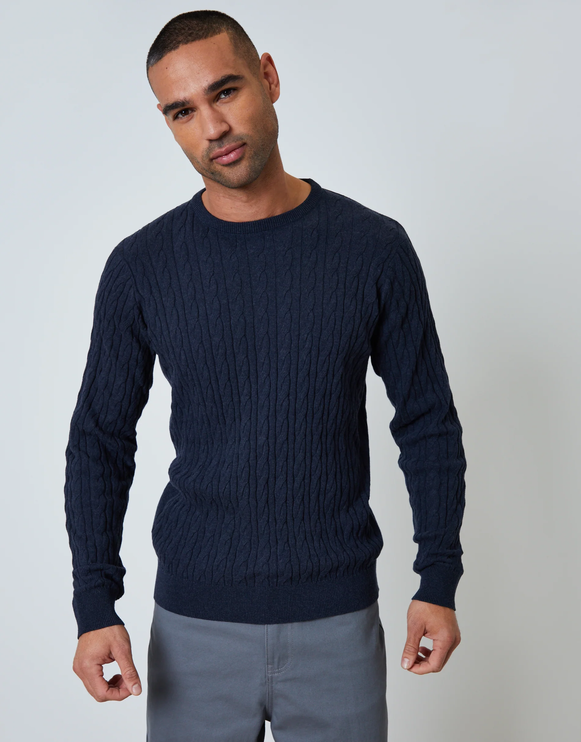 Cable Knit Rib Crew Neck Jumper in Navy