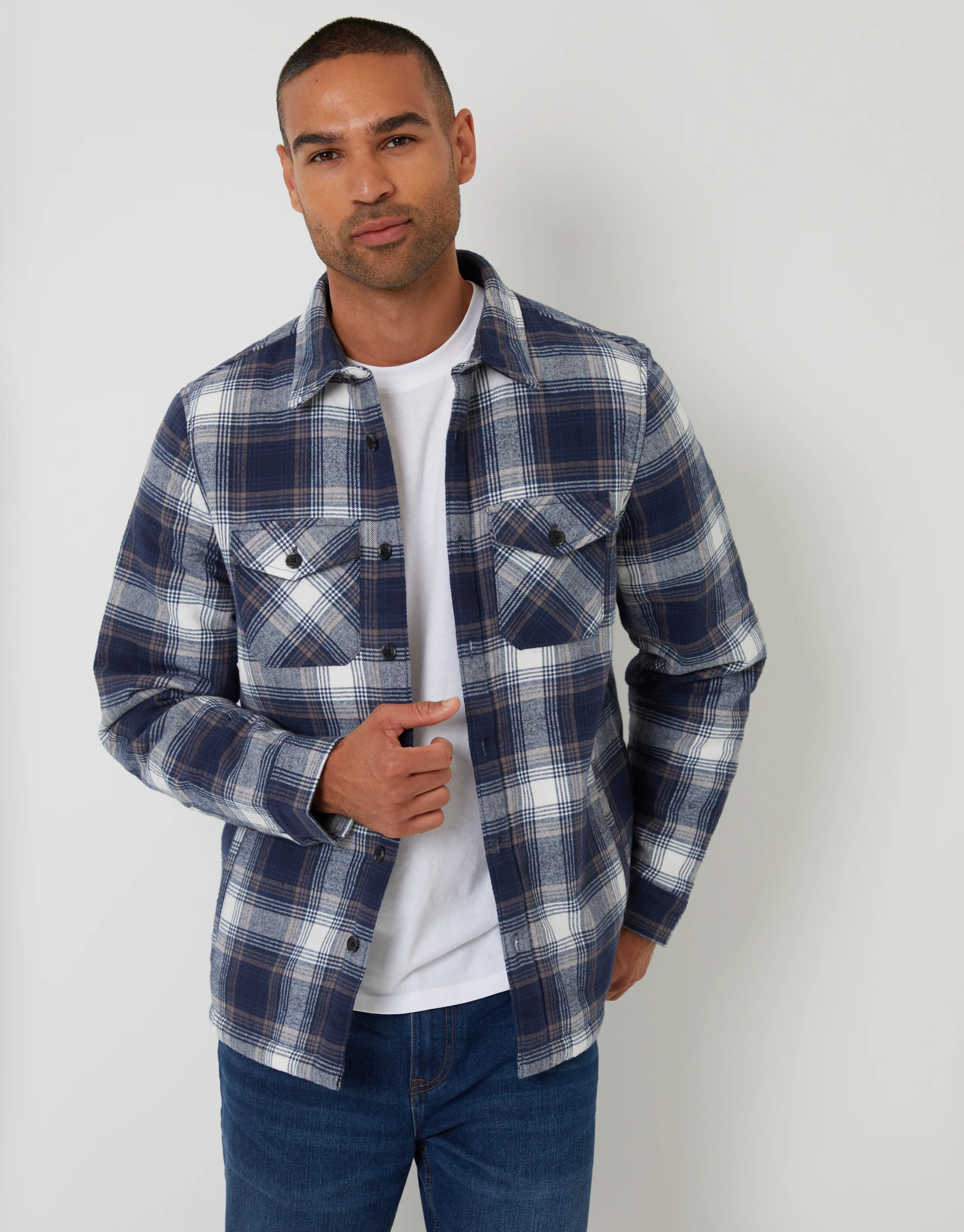Brushed Borg Lined Shacket in Navy Check