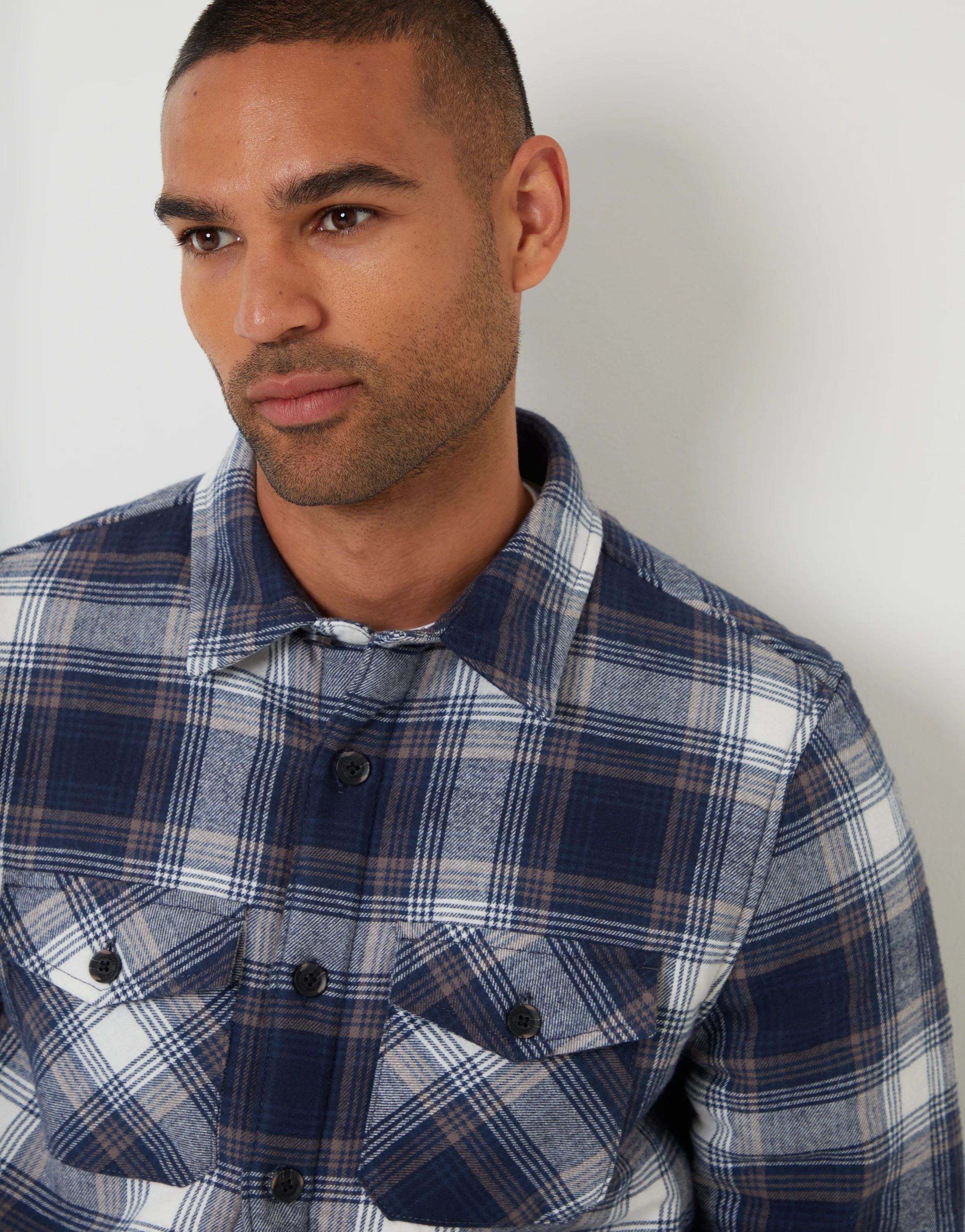 Brushed Borg Lined Shacket in Navy Check - Image 4