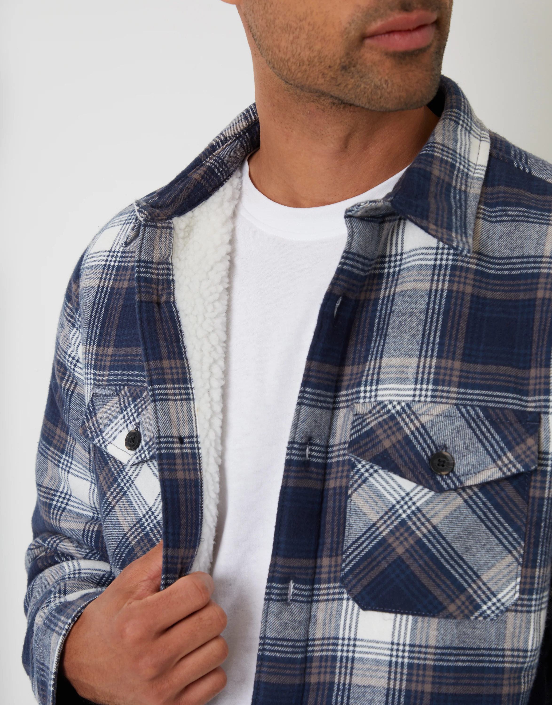 Brushed Borg Lined Shacket in Navy Check - Image 5
